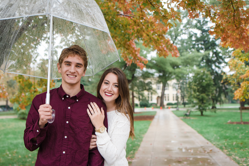 Notre Dame Fall Rain Engagement Photos