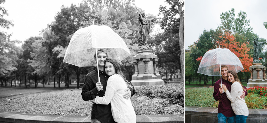 Notre Dame Fall Rain Engagement Photos