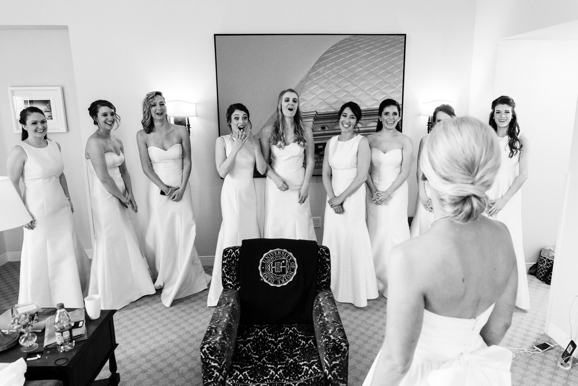 bridesmaid reveal in the presidential suite at the Morris Inn on the campus of the University of Notre Dame