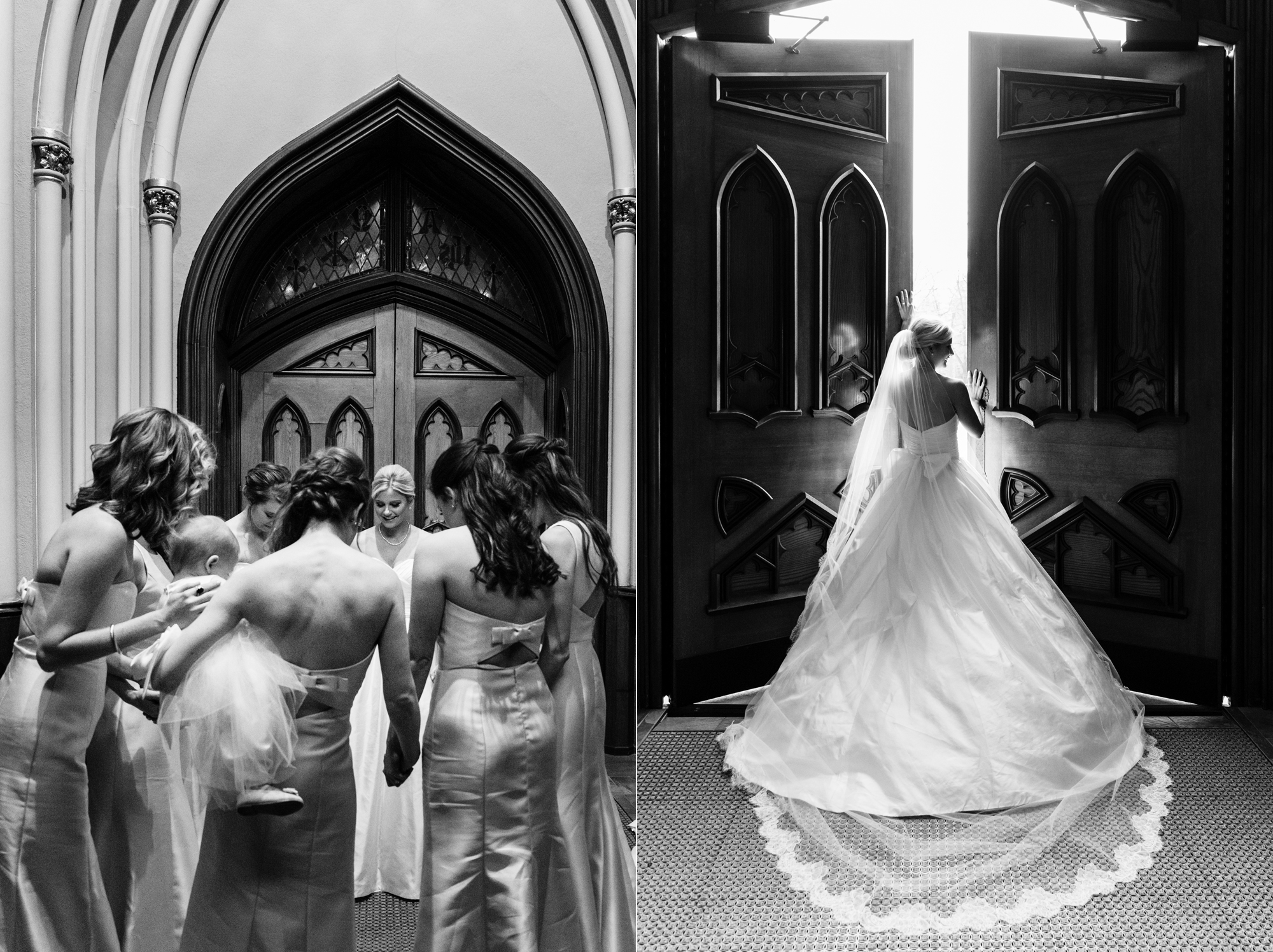 bride in the vestibule waiting for her ceremony at the Basilica of the Sacred Heart on the campus of the University of Notre Dame