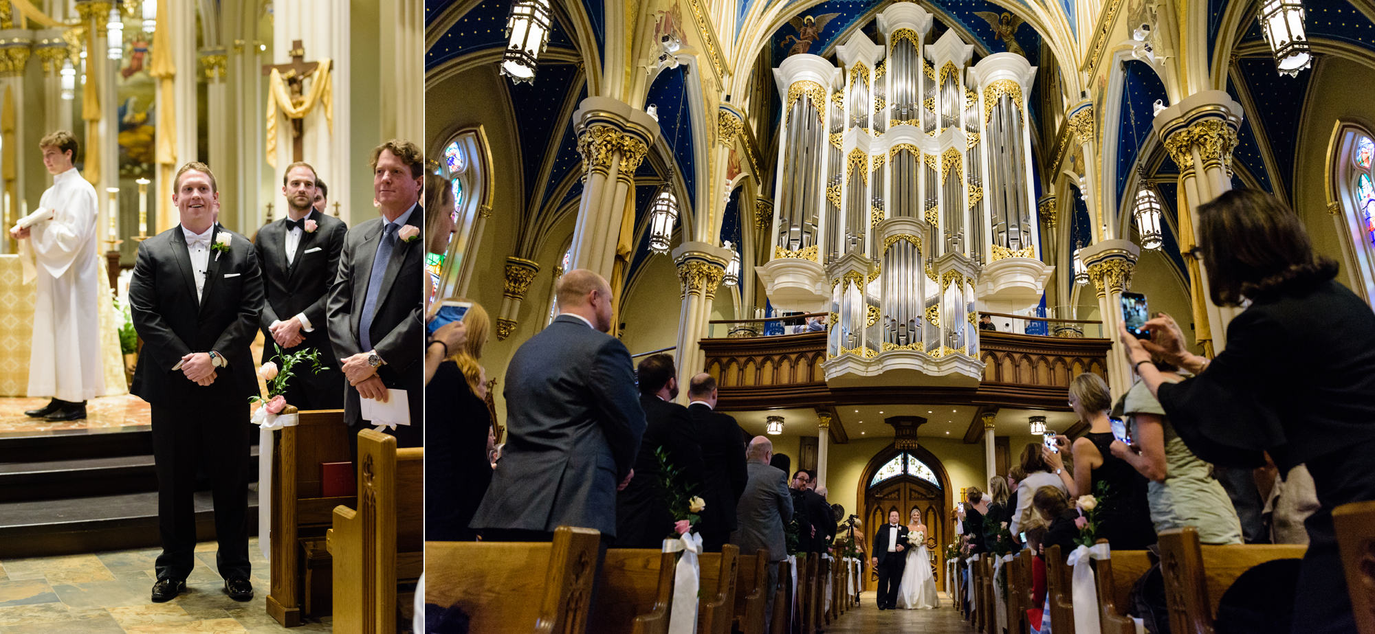 Groom seeing his Bride as she walks down the aisle at the Basilica of the Sacred Heart on the campus of the University of Notre Dame