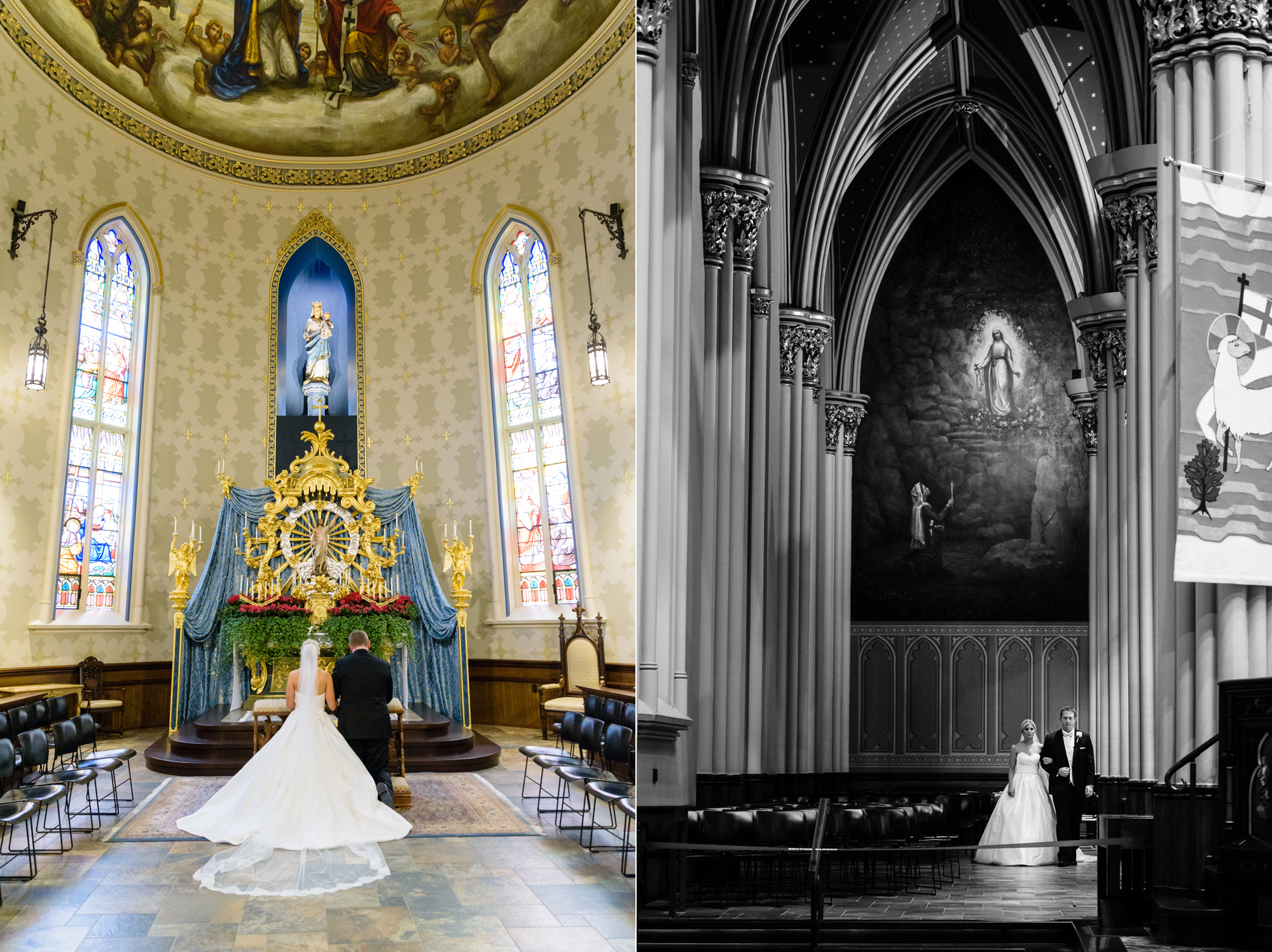 Bride & Groom give the flower to Mary at the Lady Chapel at the Basilica of the Sacred Heart on the campus of the University of Notre Dame