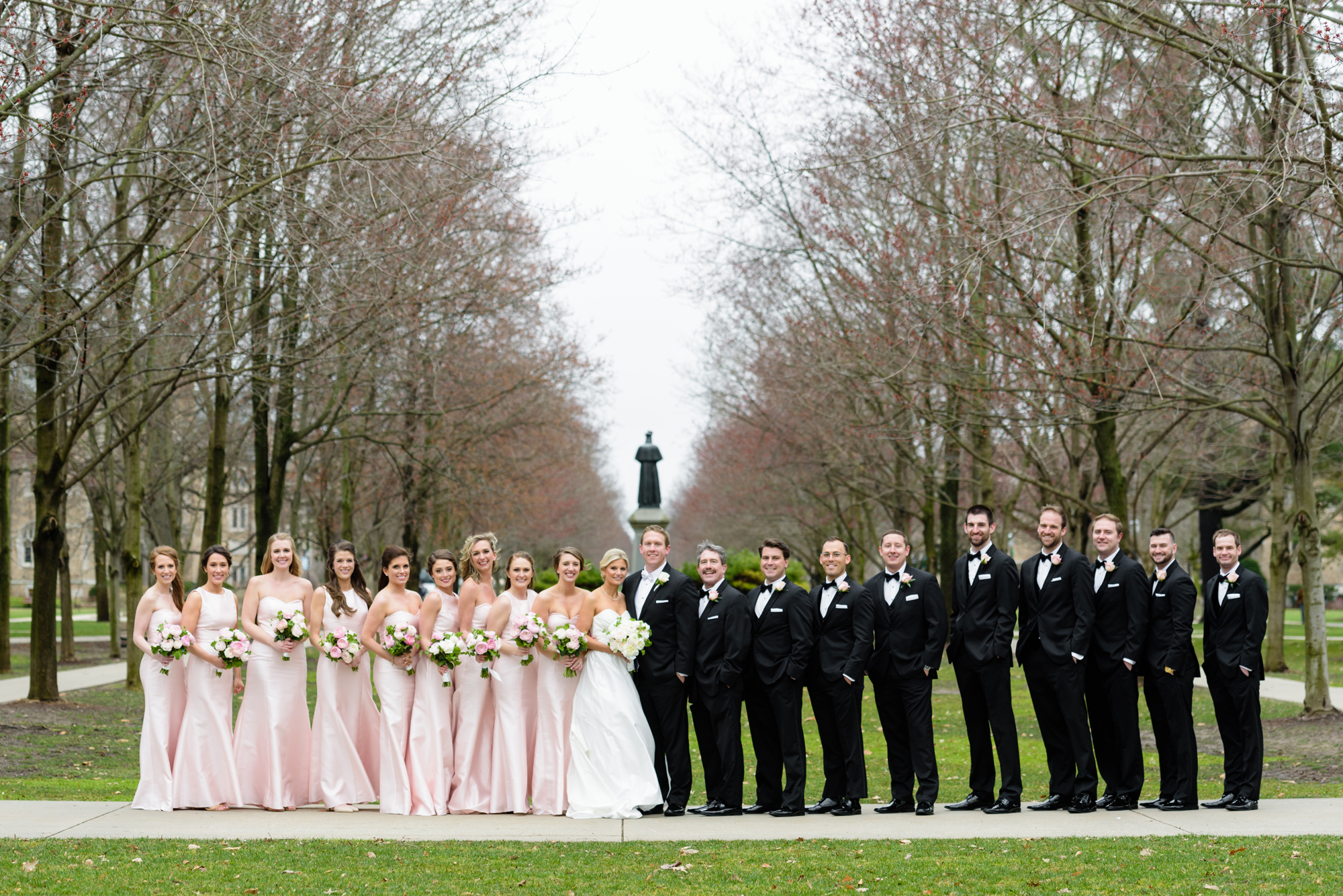 Bridal Party on God Quad on the campus of University of Notre Dame