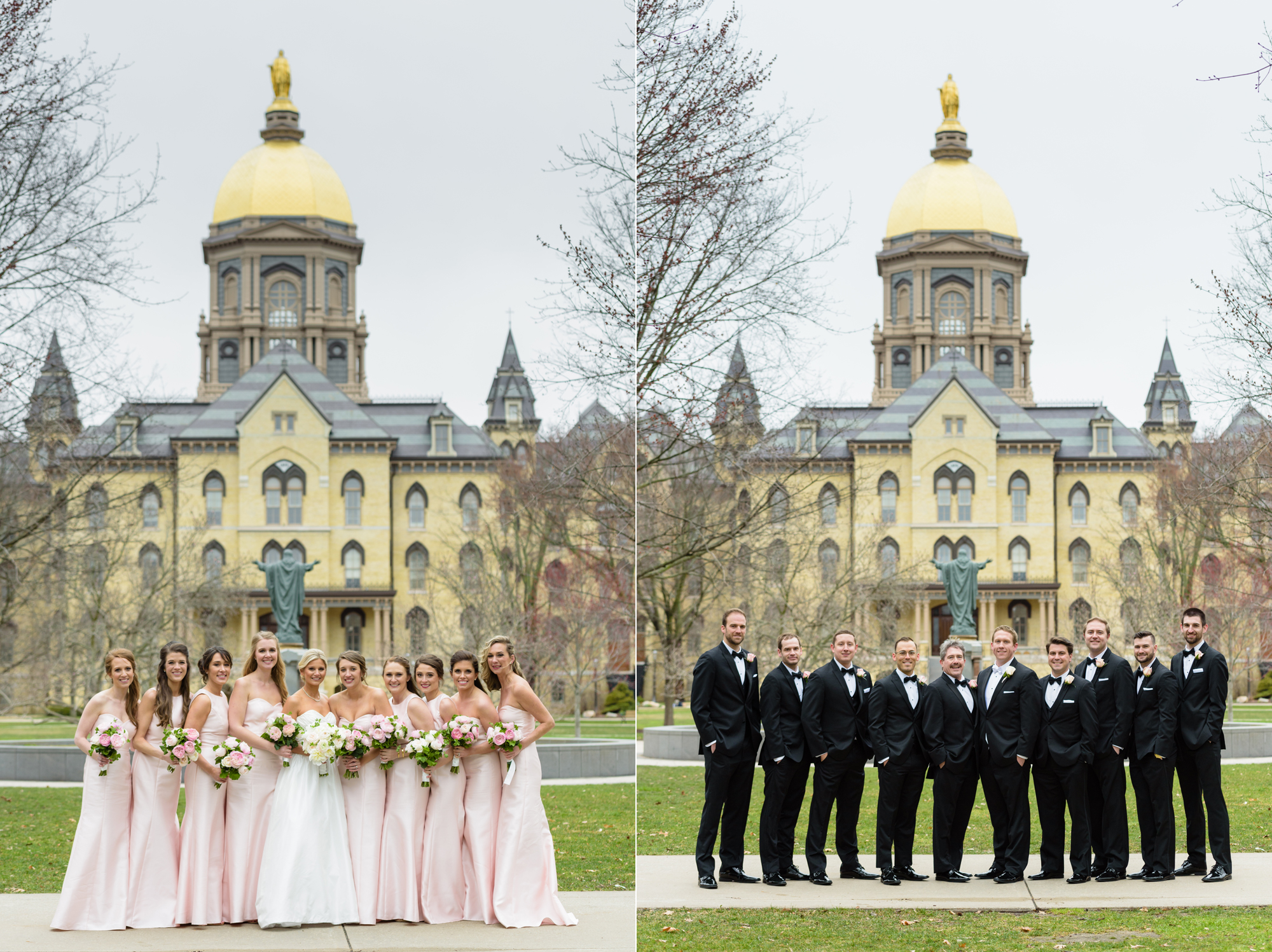 Bridal Party in front of the Golden Dome on the campus of University of Notre Dame