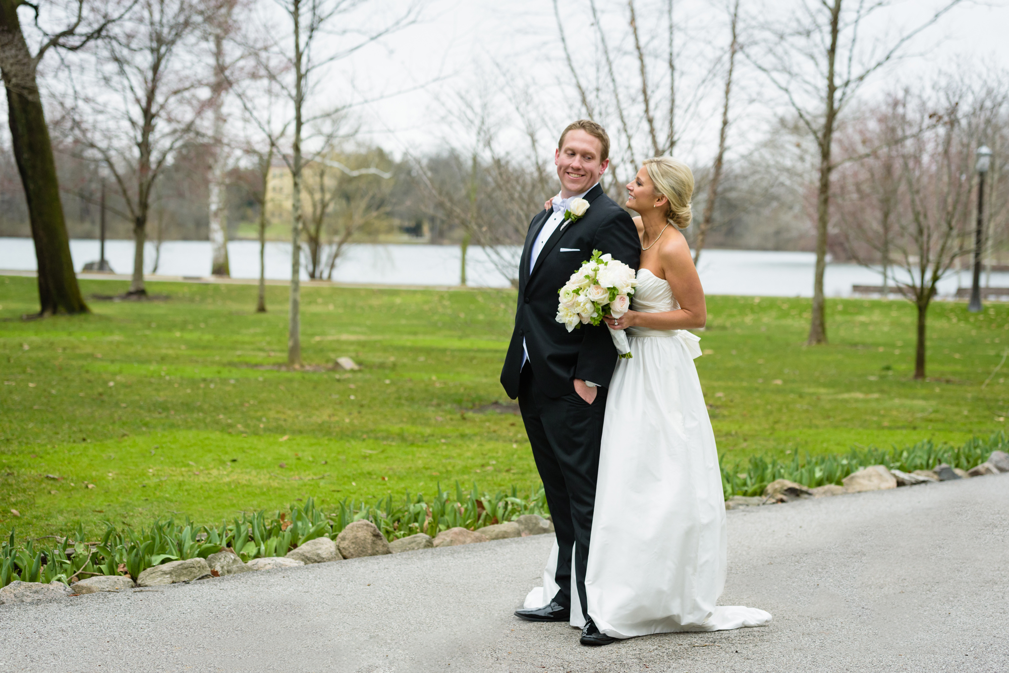 Bride & Groom by the lakes on the campus of University of Notre Dame