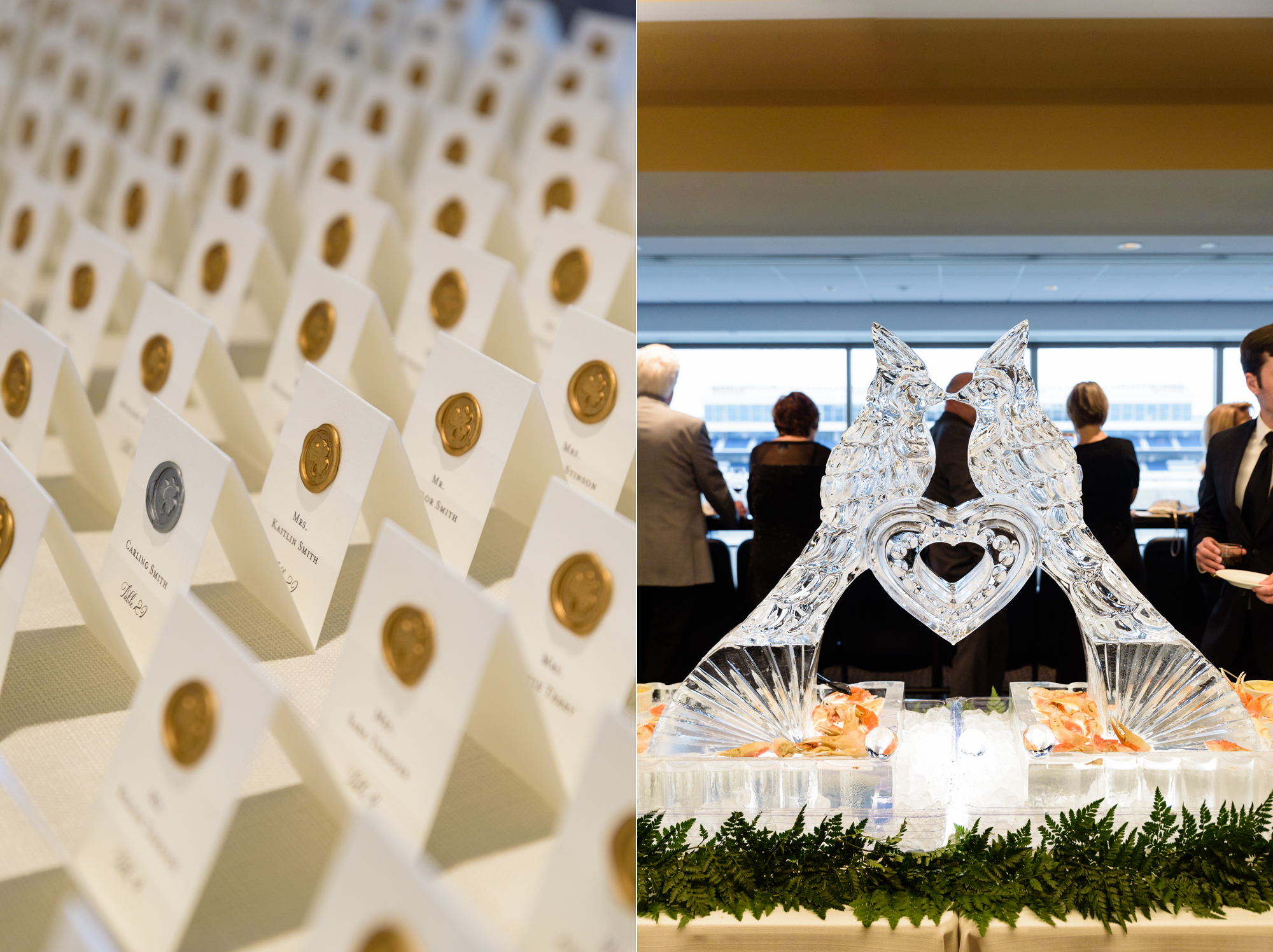 Escort cards & Ice sculpture at Rasmus Family Club on the campus of University of Notre Dame