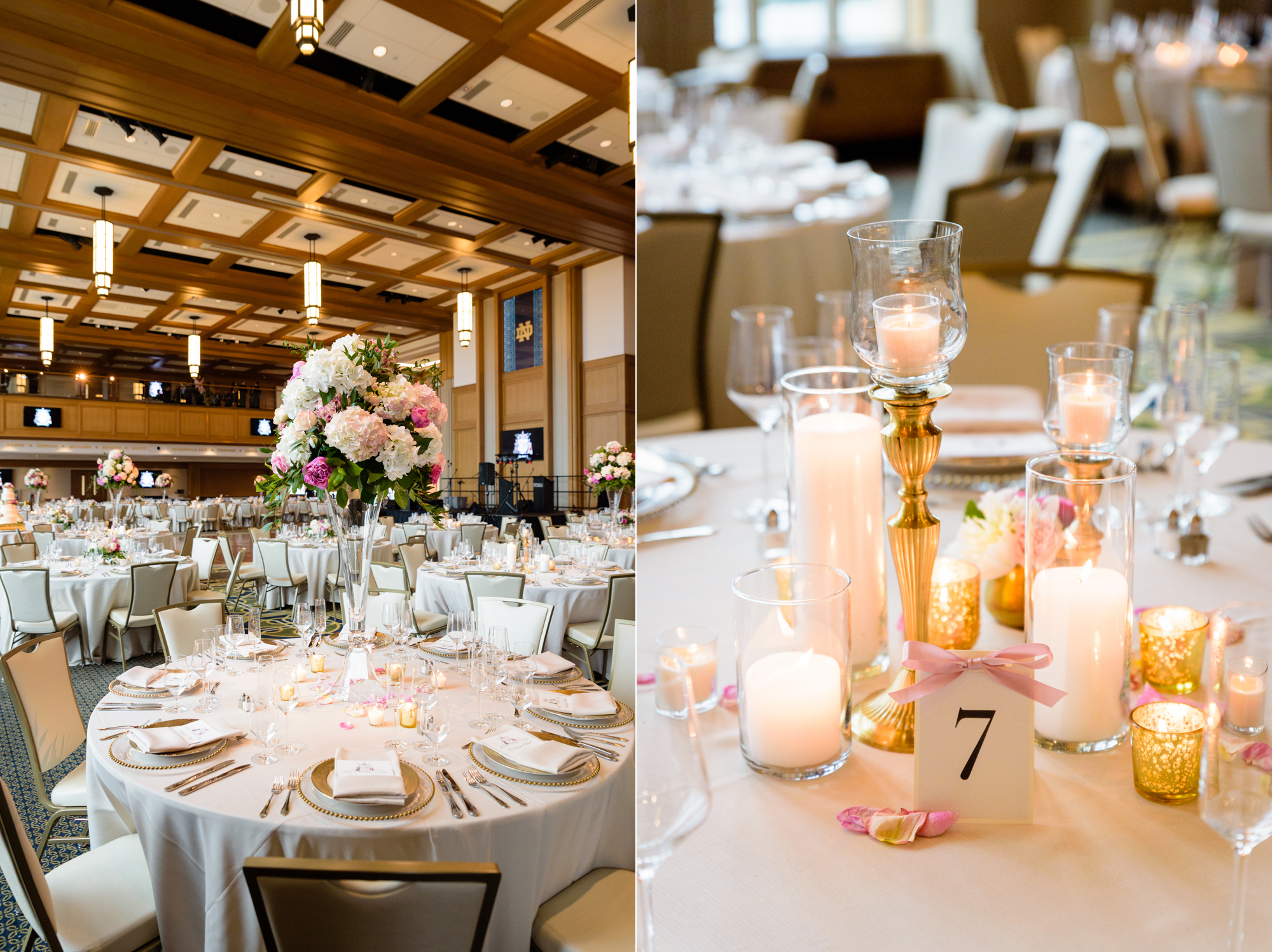 Reception table details at Dahnke Ballroom on the campus of University of Notre Dame