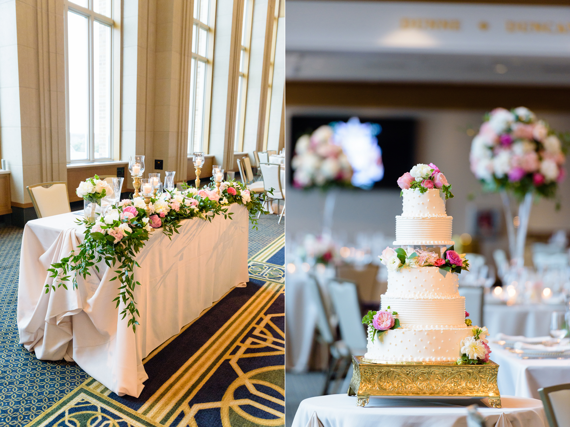 Sweetheart table & wedding cake by Macri's at Dahnke Ballroom on the campus of University of Notre Dame