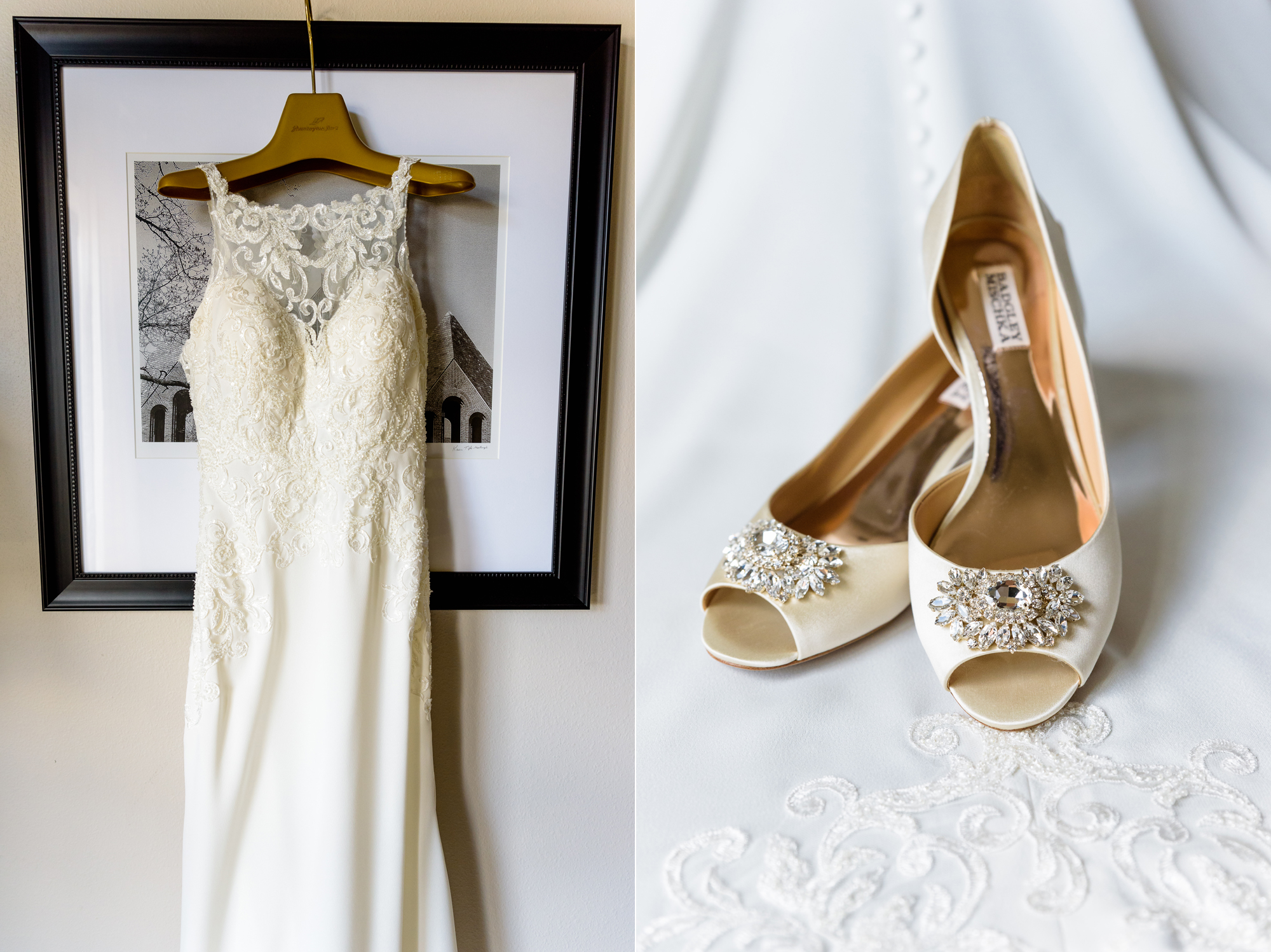 Stella York wedding dress and Badgly Mischka wedding shoes