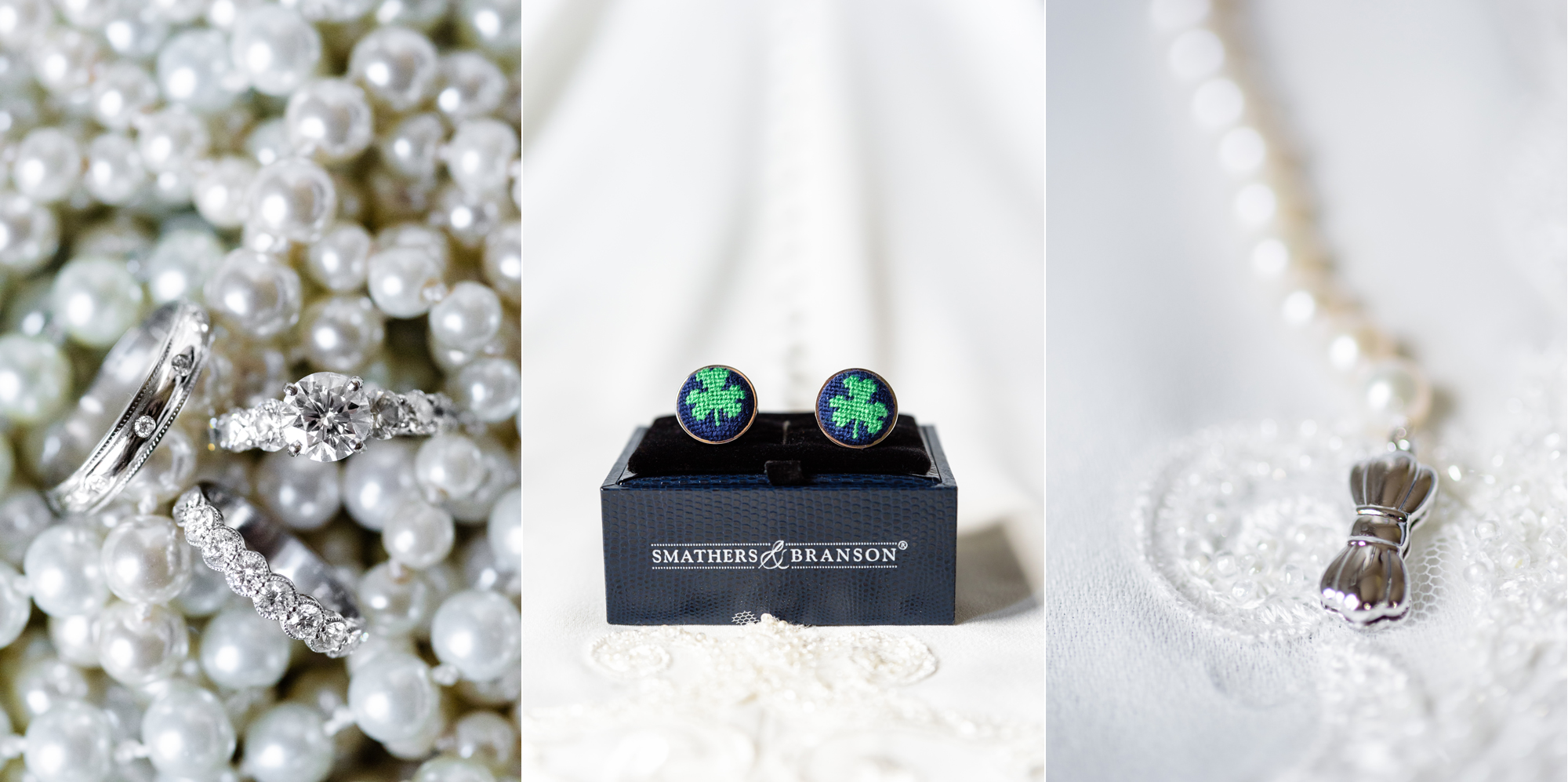 Bride & Groom's wedding ring set, groom's cufflinks with a cross stitched shamrock and pearl bracelet