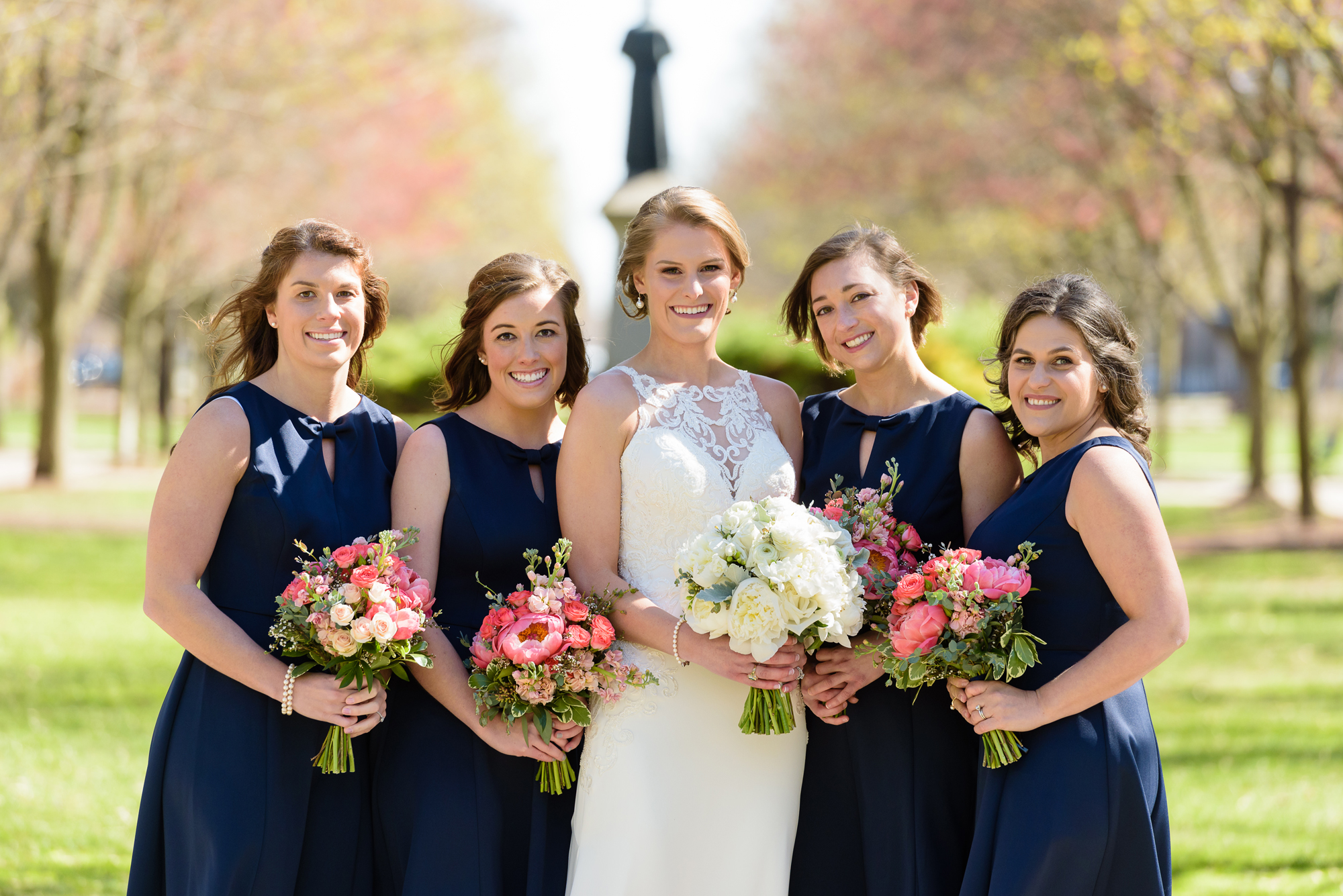 Bride with her Bridesmaids on God Quad on the campus of Notre Dame