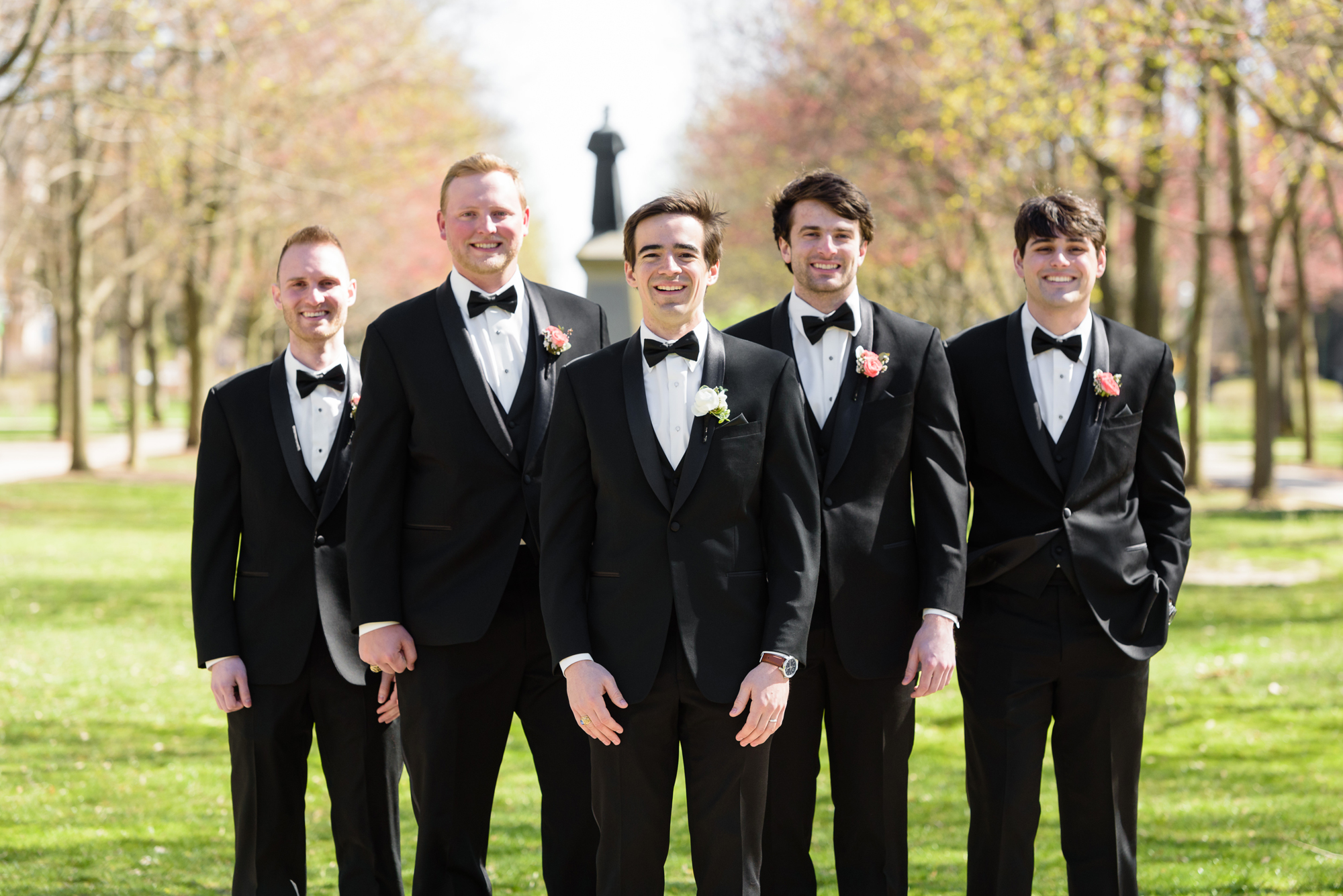 Groom & Groomsmen on God quad on the campus of Notre Dame