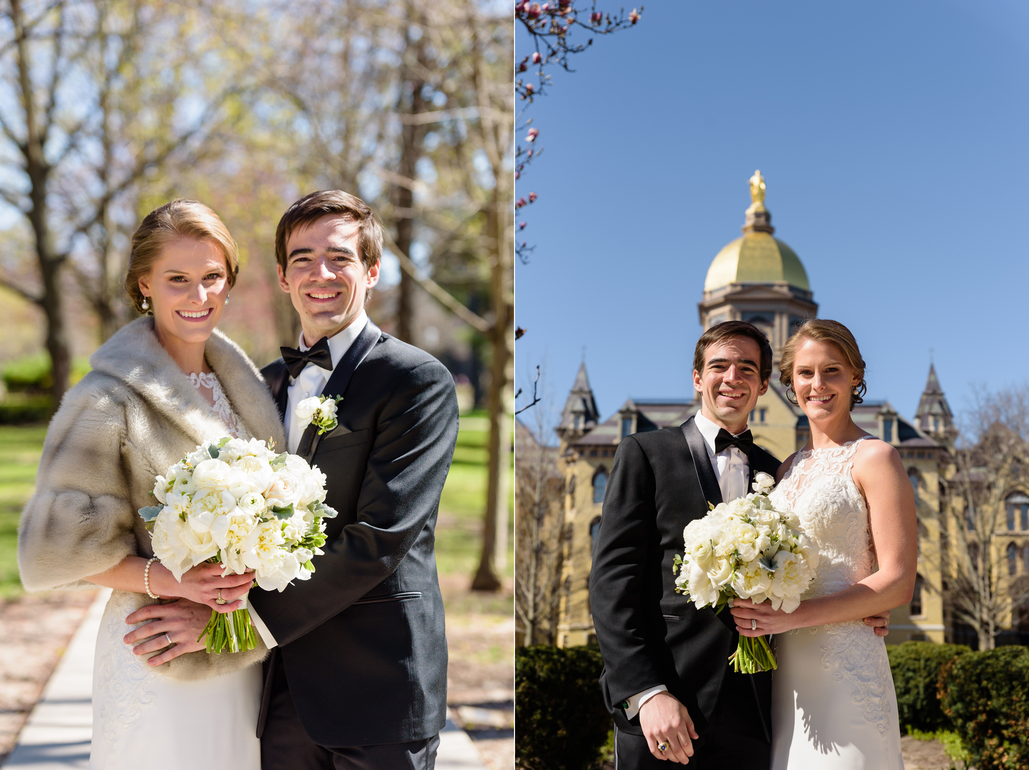 Bride & Groom on God Quad in front of the Golden Dome on the campus of Notre Dame