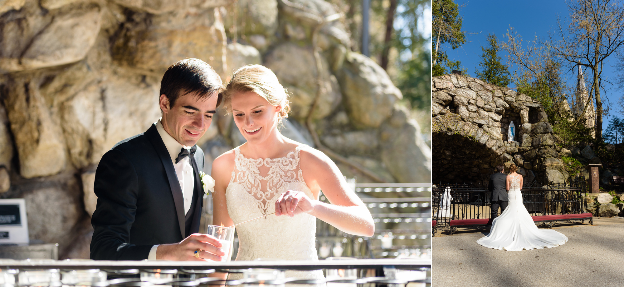 Bride & Groom lighting a candle at the Grotto on the campus of Notre Dame