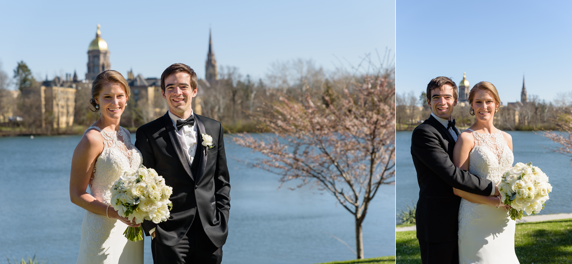 Bride & Groom with the Dome and Basilica steeple on the campus of Notre Dame