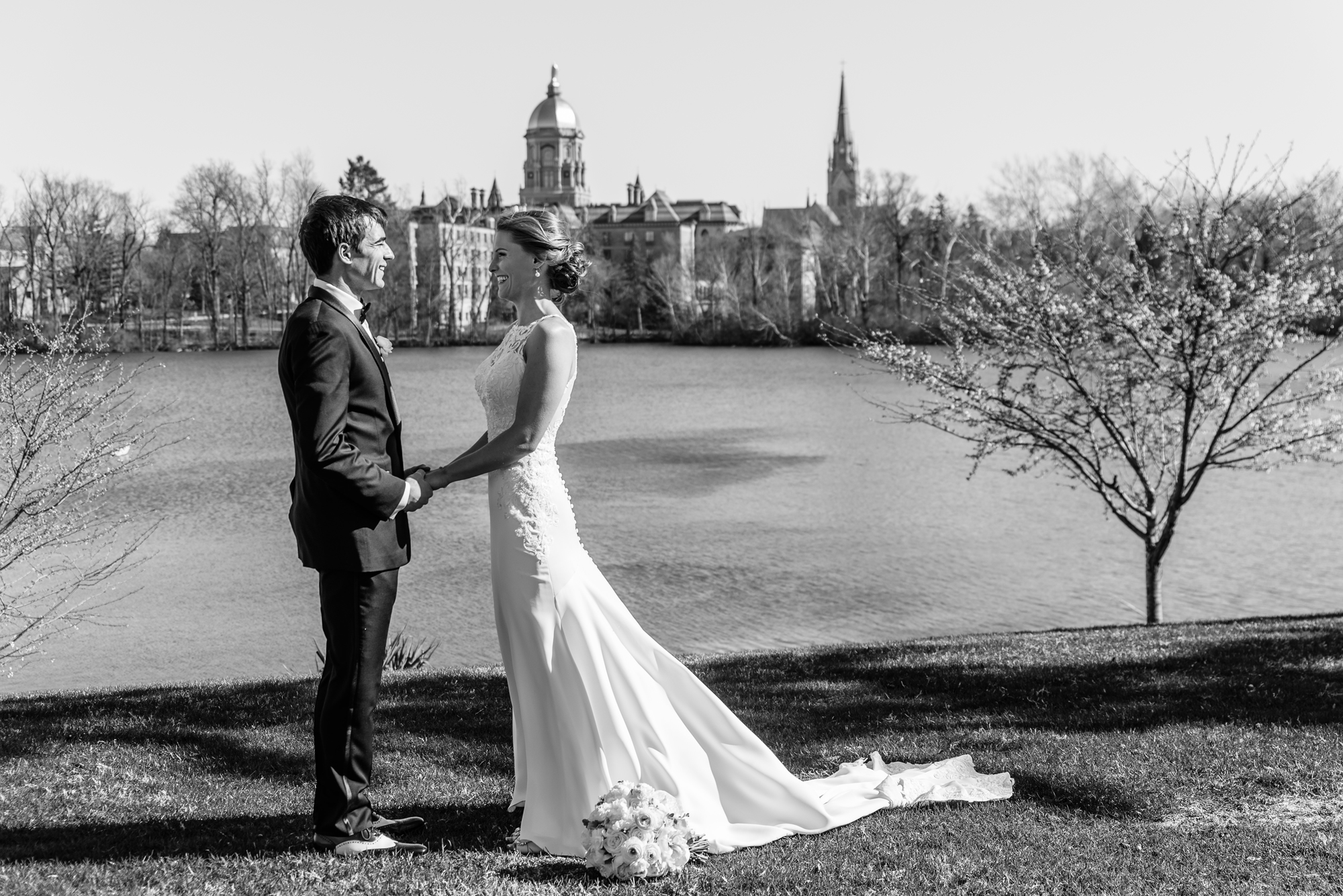 Bride & Groom with the Dome and Basilica steeple on the campus of Notre Dame