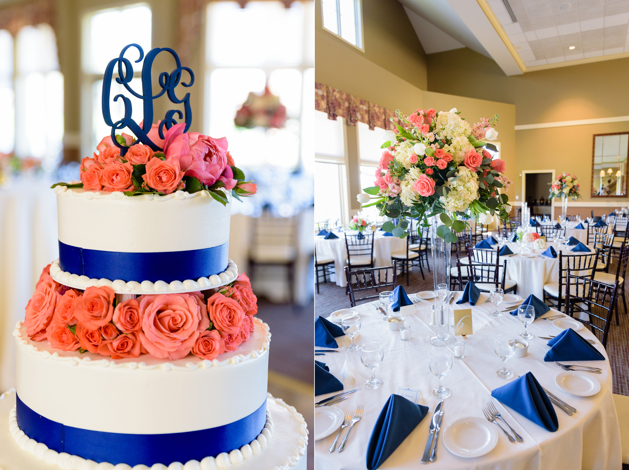 Macri's cake and reception flowers by Poppies by Polly at South Bend Country Club