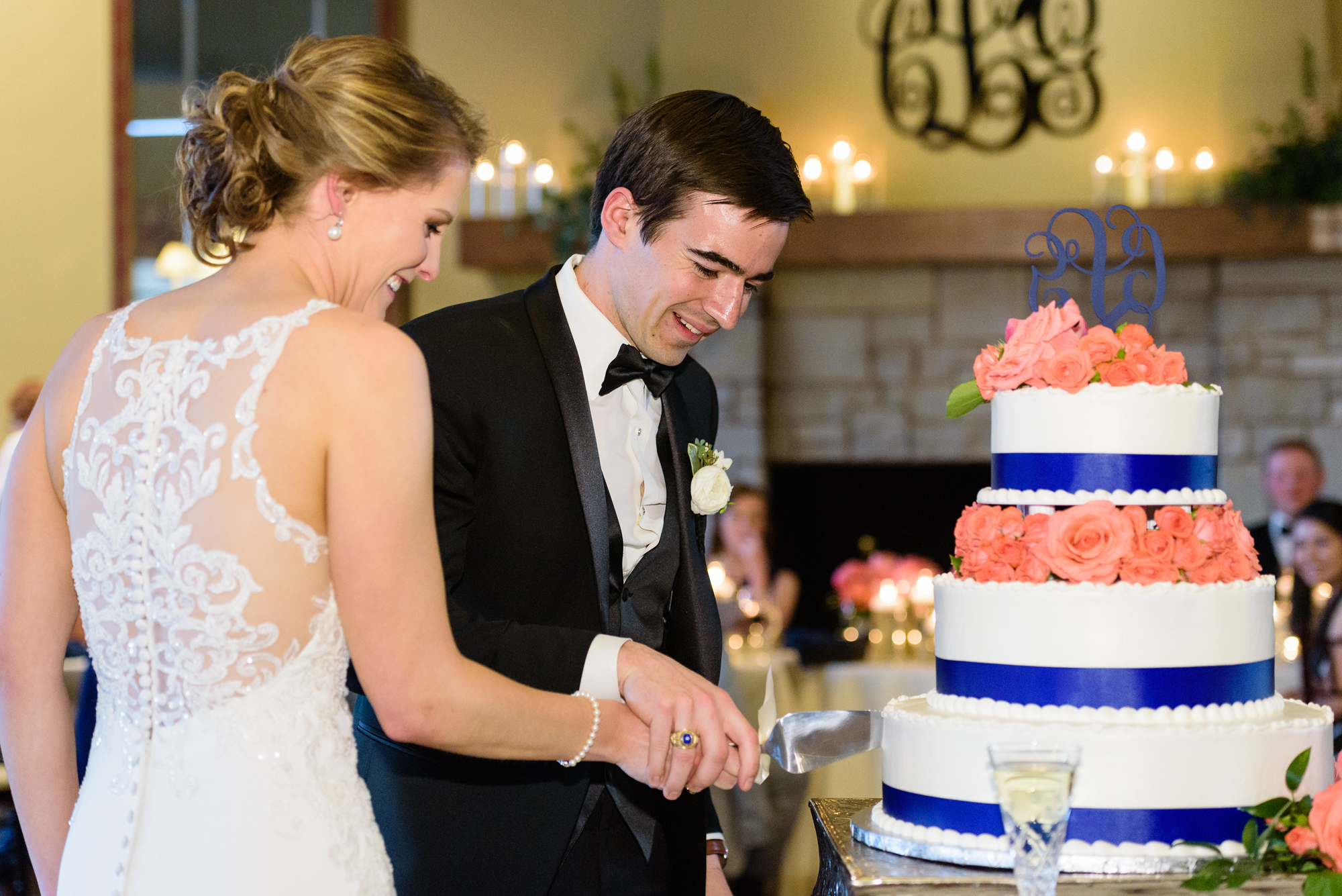 Cake cutting at the wedding reception at South Bend Country Club