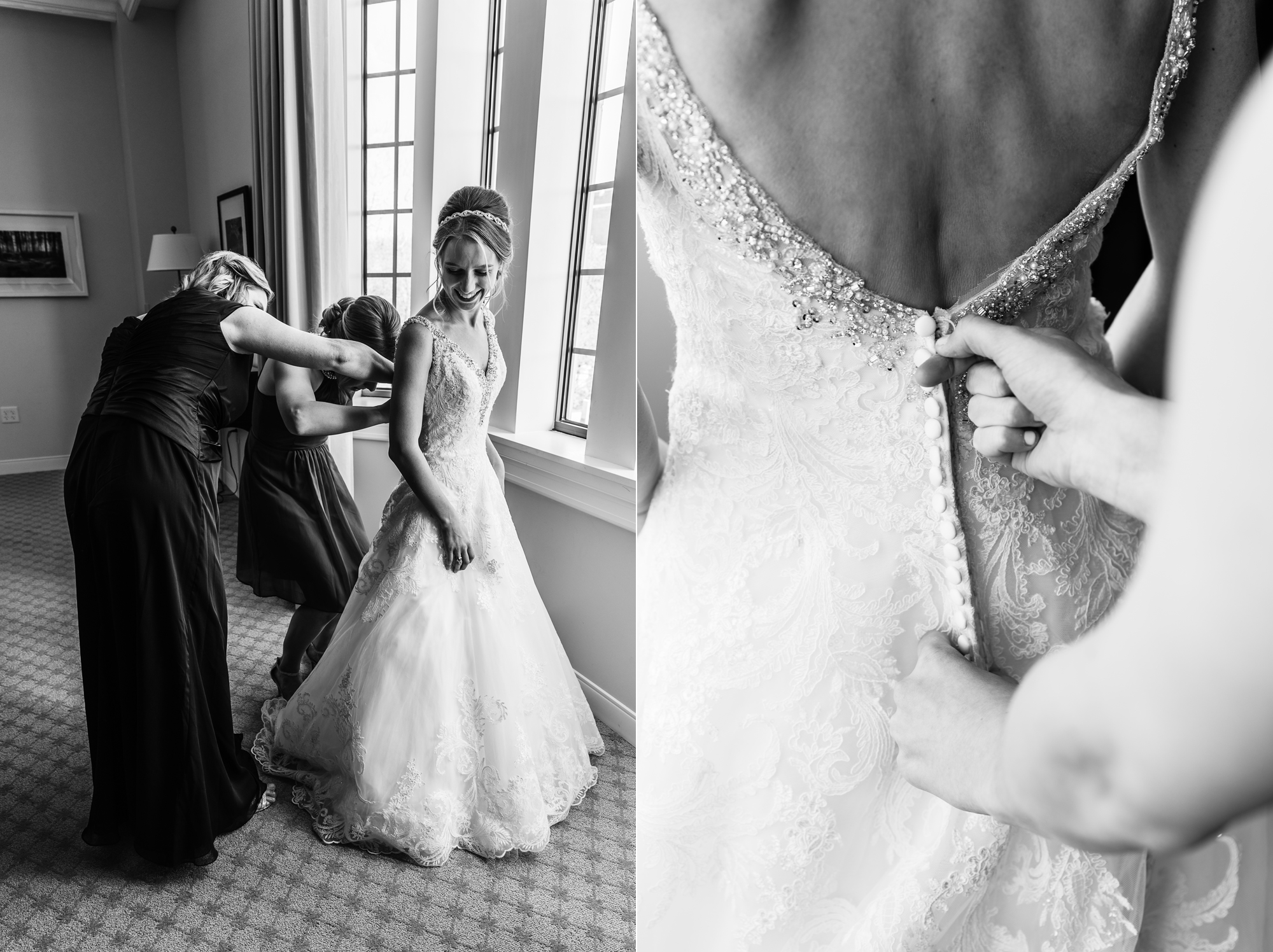 Bride getting into her dress at the Morris Inn before her ceremony at the Basilica of the Sacred Heart on the campus of Notre Dame