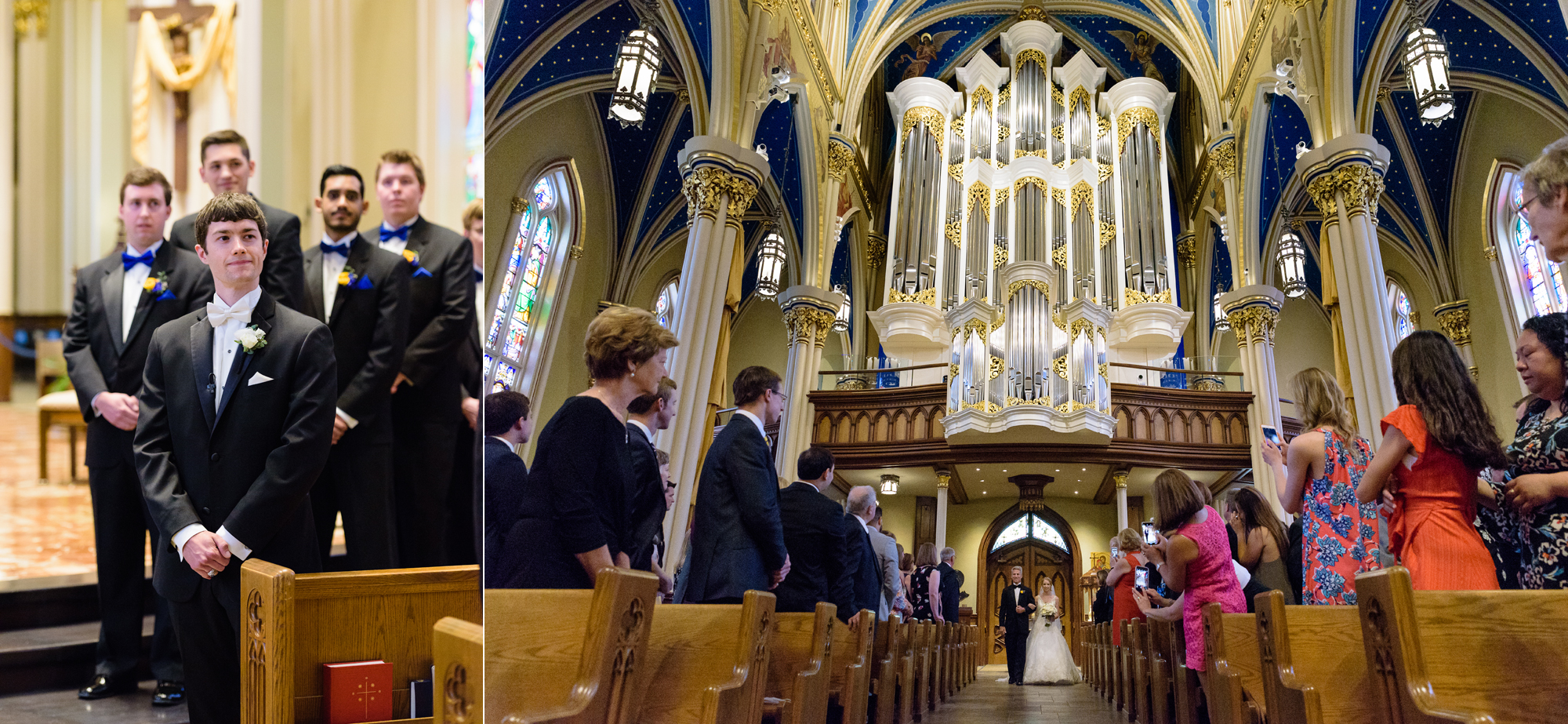 Groom seeing his Bride for the first time at the altar at the Basilica of the Sacred Heart on the campus of Notre Dame