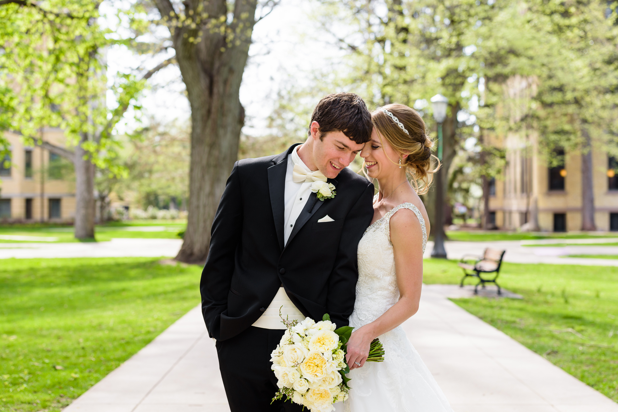 Bride & Groom on God Quad on the campus of Notre Dame