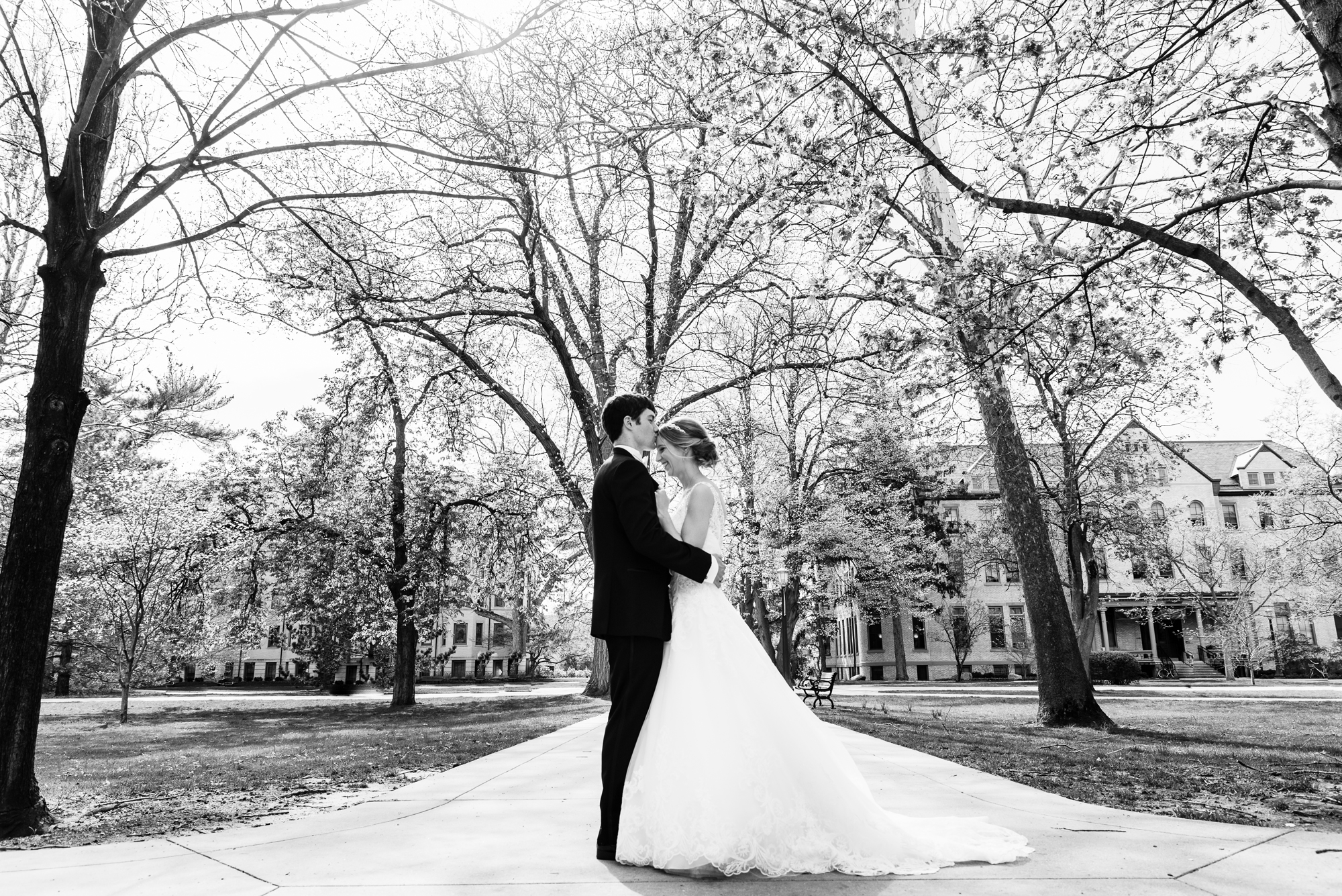 Bride & Groom on God Quad on the campus of Notre Dame