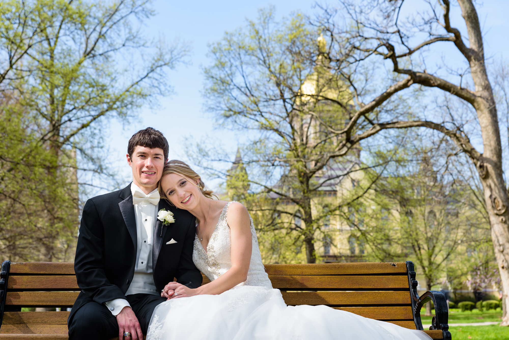 Bride & Groom with the Dome on God Quad on the campus of Notre Dame