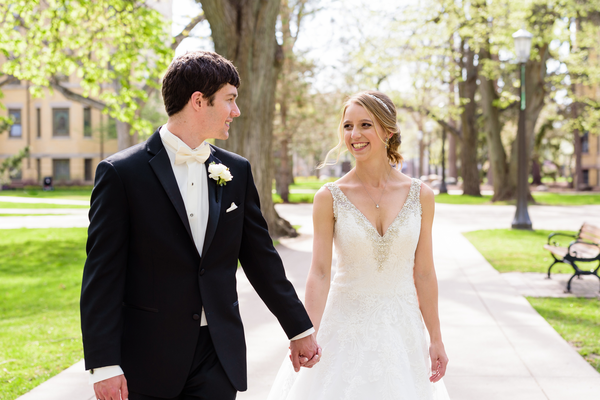 Bride & Groom on God Quad on the campus of Notre Dame