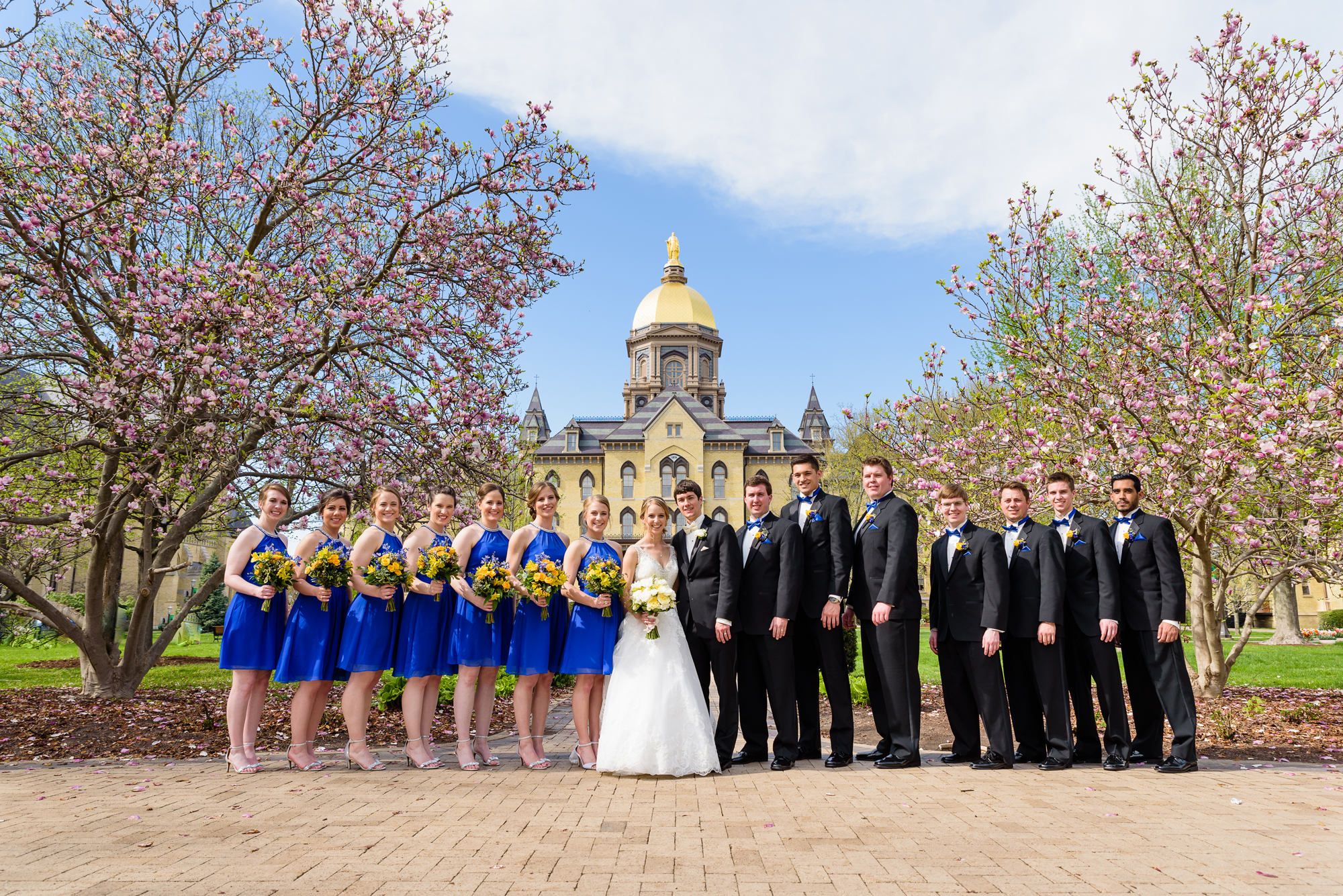 Bridal Party with the Dome on God Quad on the campus of Notre Dame