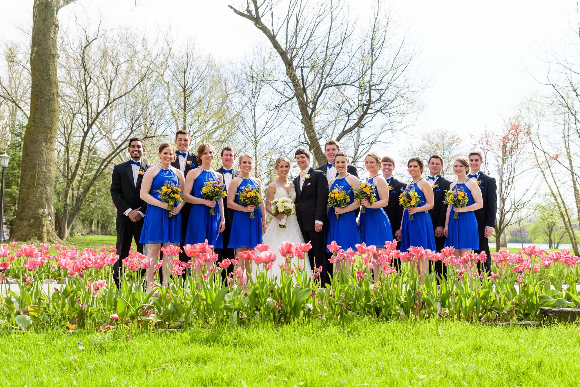 Bridal Party by the tulips at the Grotto on the campus of Notre Dame