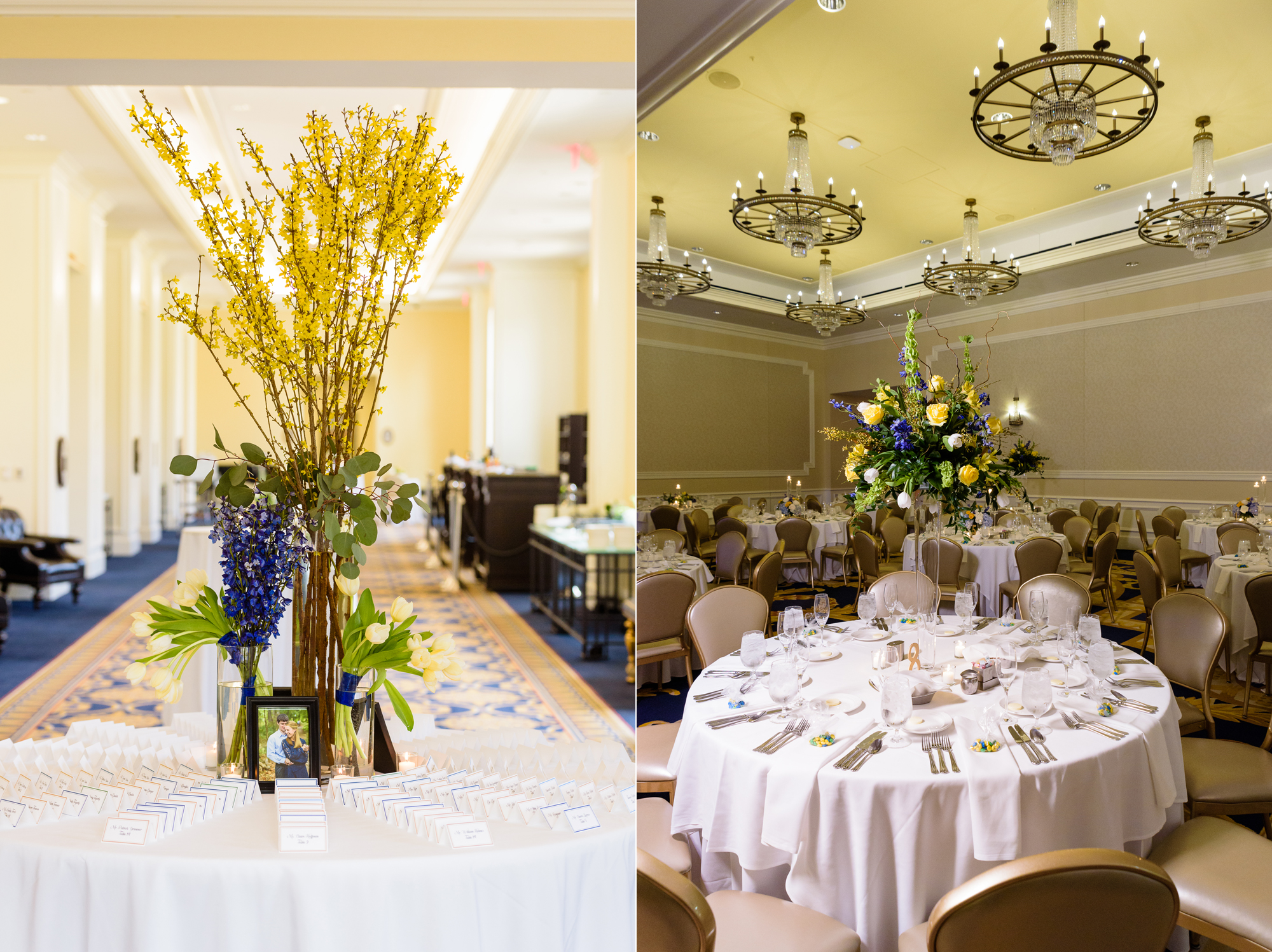 Centerpieces for a wedding reception at the Morris Inn on the campus of Notre Dame by Poppies by Polly