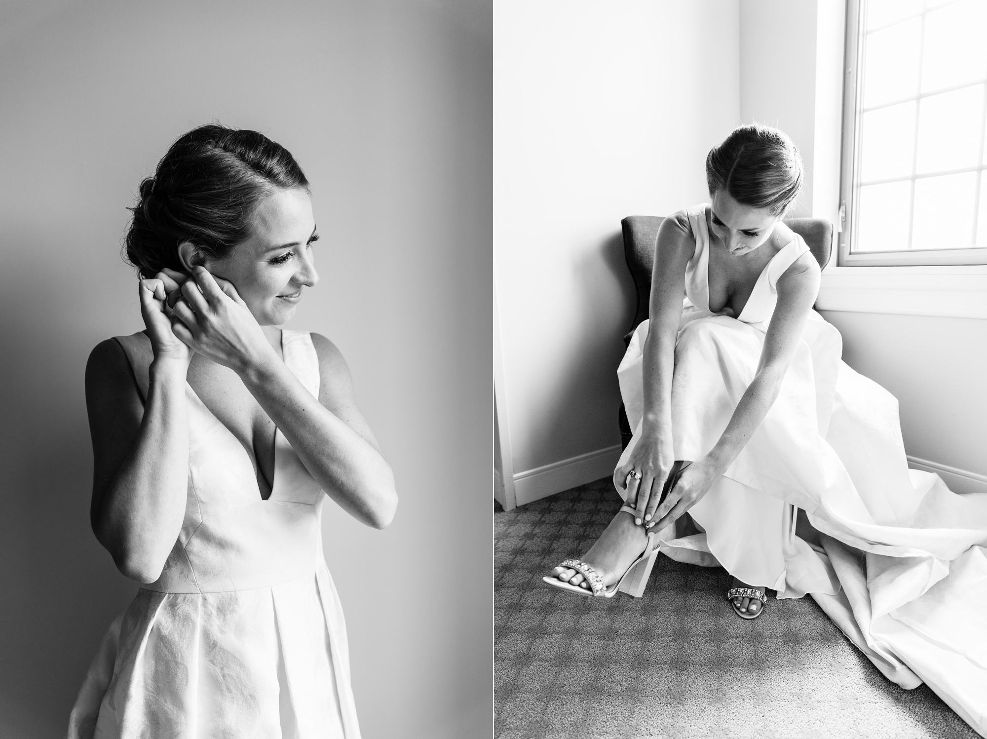 Bride putting her earrings and wedding shoes on before her wedding ceremony at the Basilica of the Sacred Heart