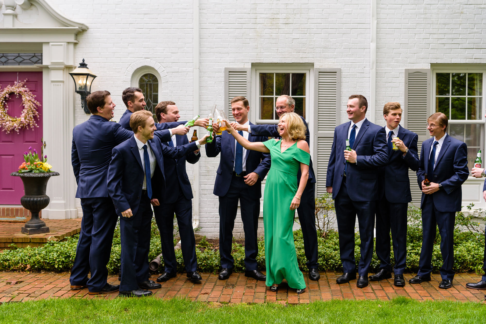 Groom & his Groomsmen toasting before his wedding ceremony at the Basilica of the Sacred Heart on the campus of the University of Notre Dame