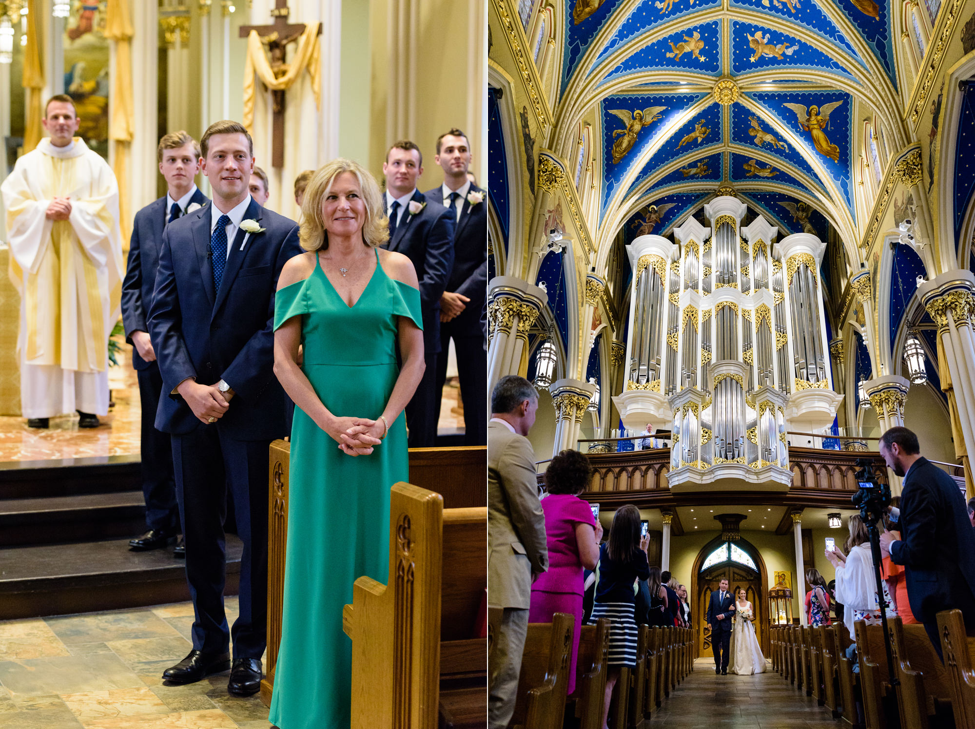 Groom seeing his Bride for the first time at their wedding ceremony at the Basilica of the Sacred Heart at the University of Notre Dame