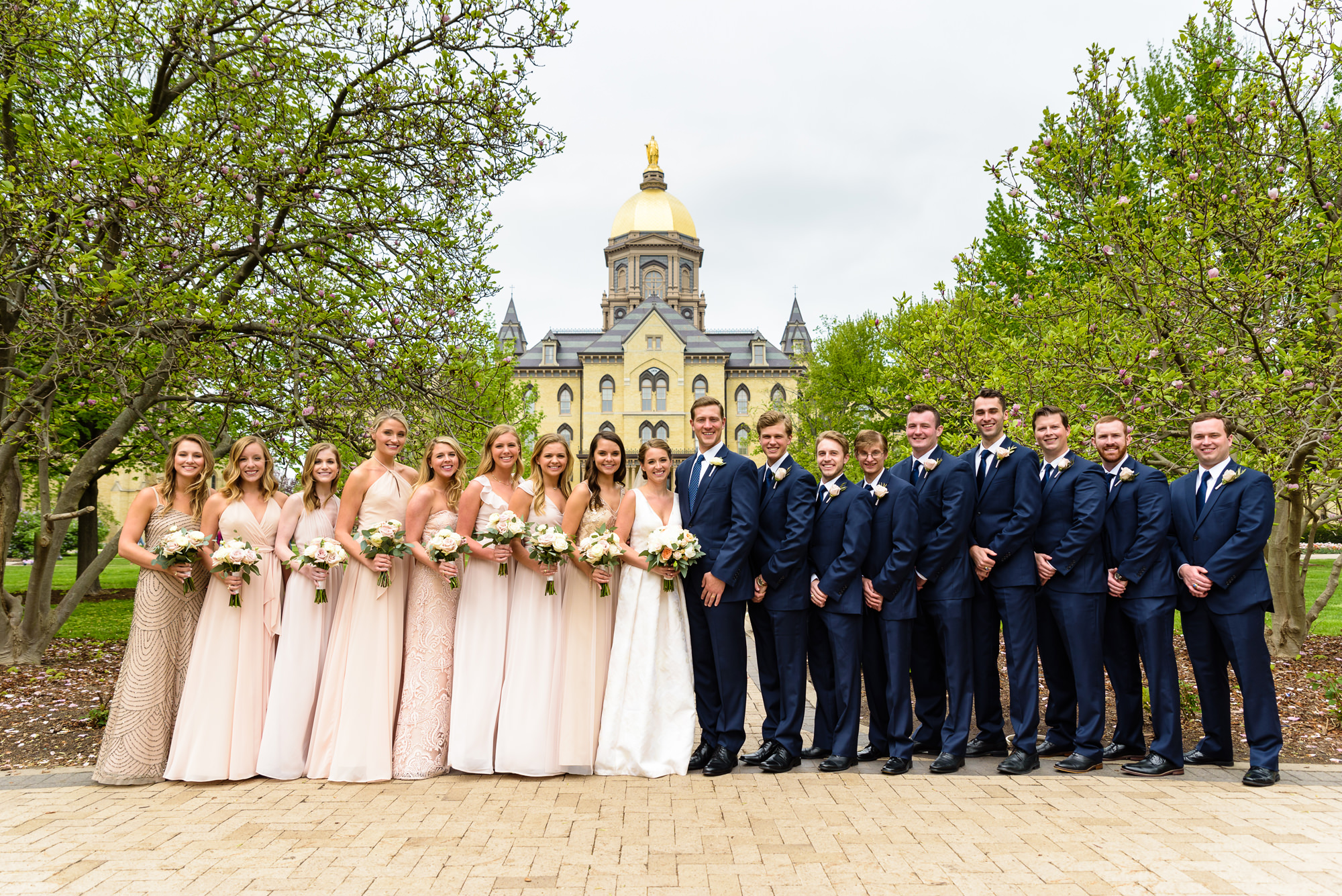 Bridal Party in front of the Golden Dome on God Quad on the campus of the University of Notre Dame