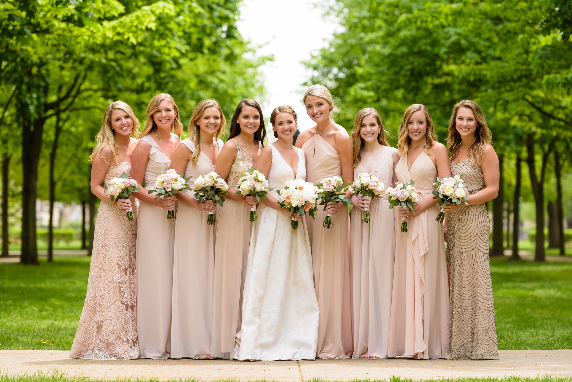 Bridesmaids on God Quad on the campus of the University of Notre Dame