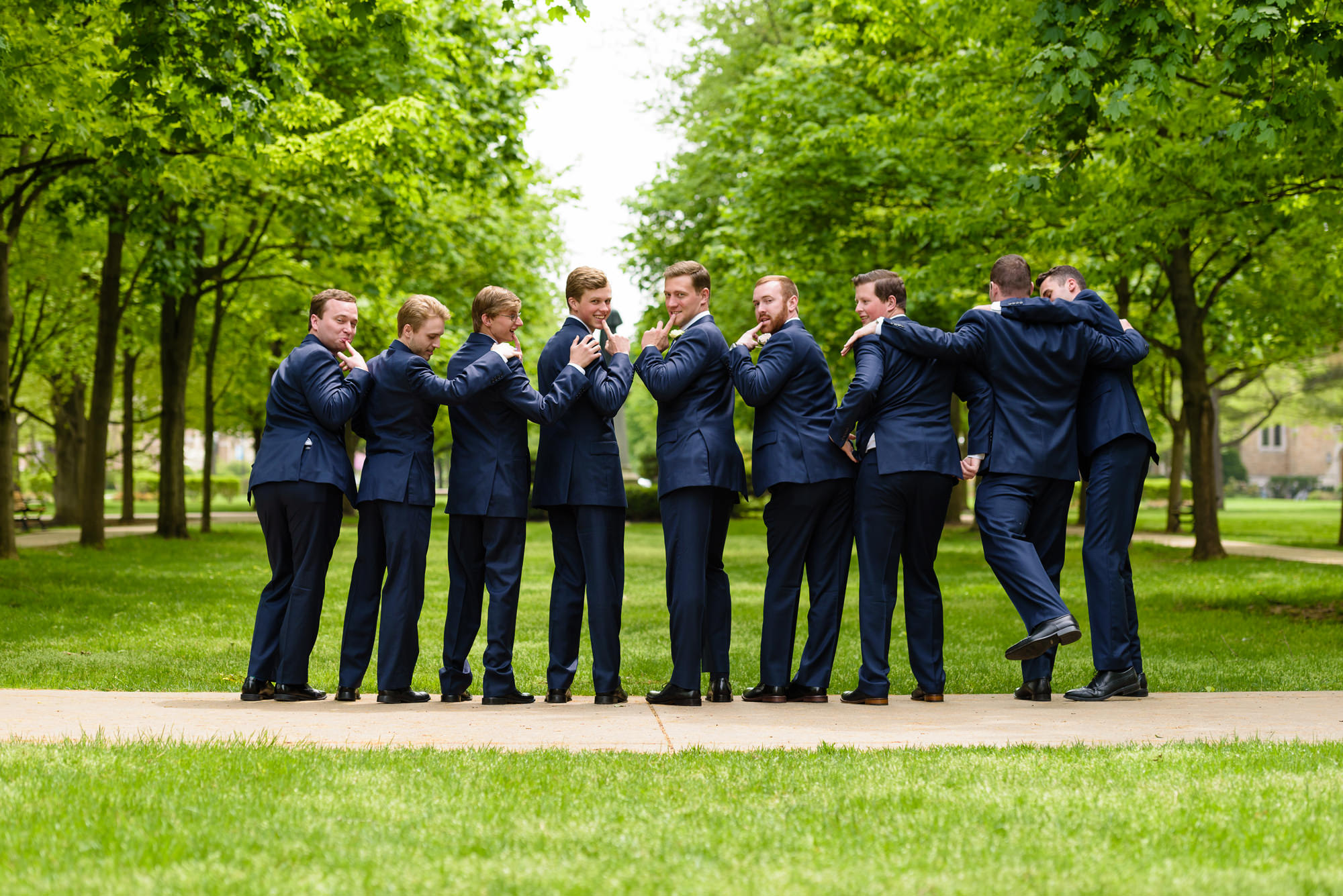 Groomsmen on God Quad on the campus of the University of Notre Dame