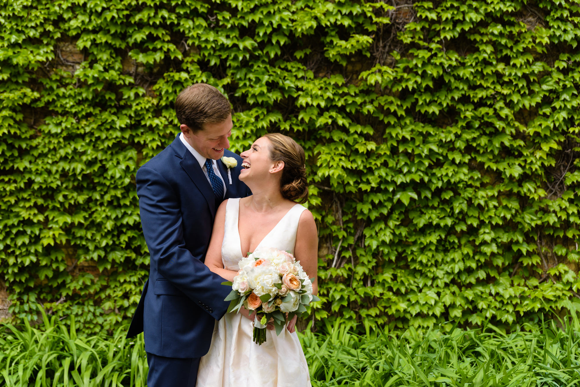 Bride & Groom at an Ivy Wall on the campus of the University of Notre Dame