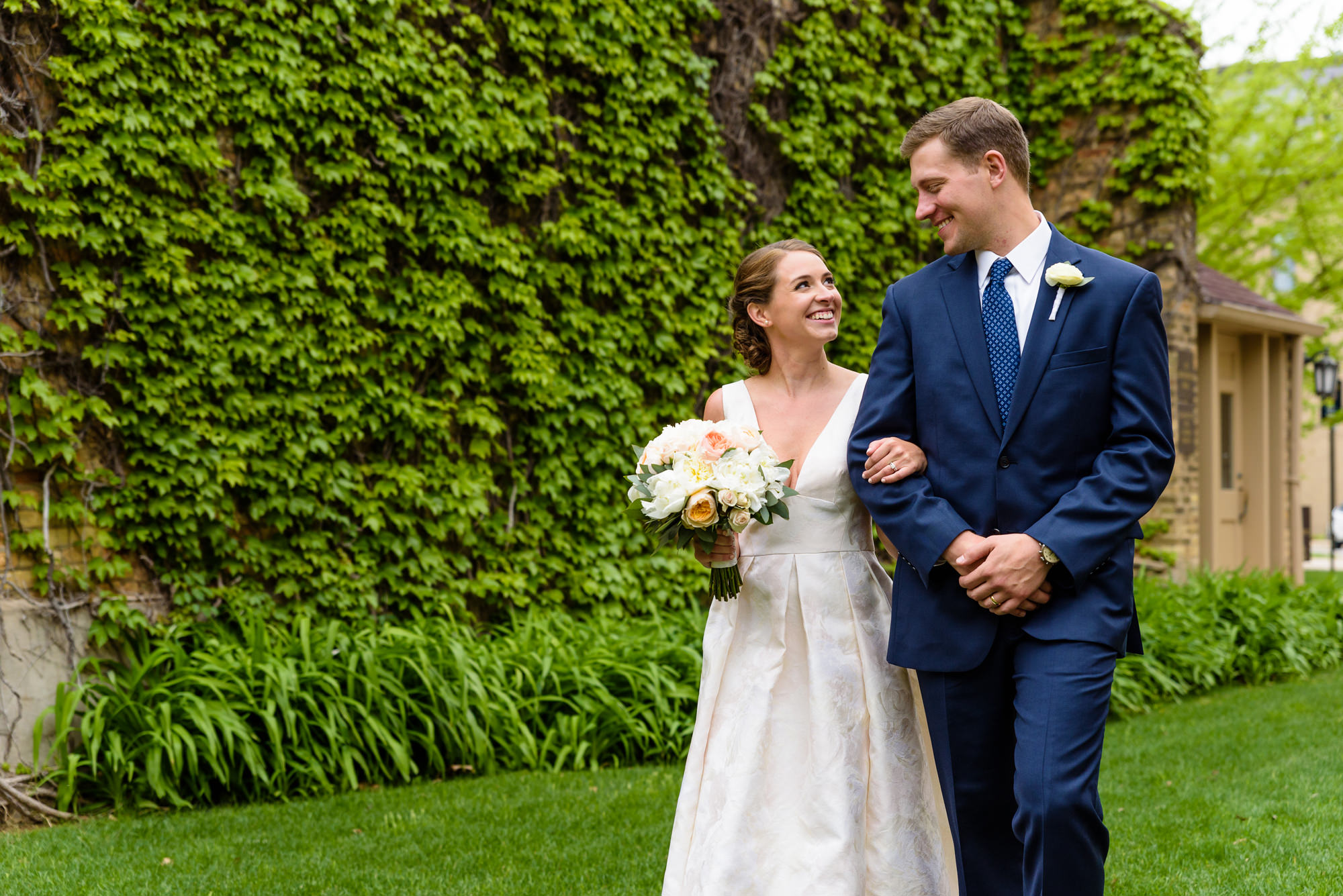 Bride & Groom at an Ivy Wall on the campus of the University of Notre Dame