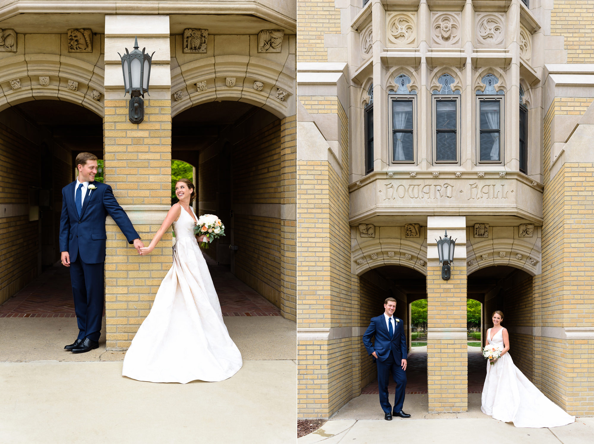 Bride & Groom outside Howard Hall on the campus of the University of Notre Dame