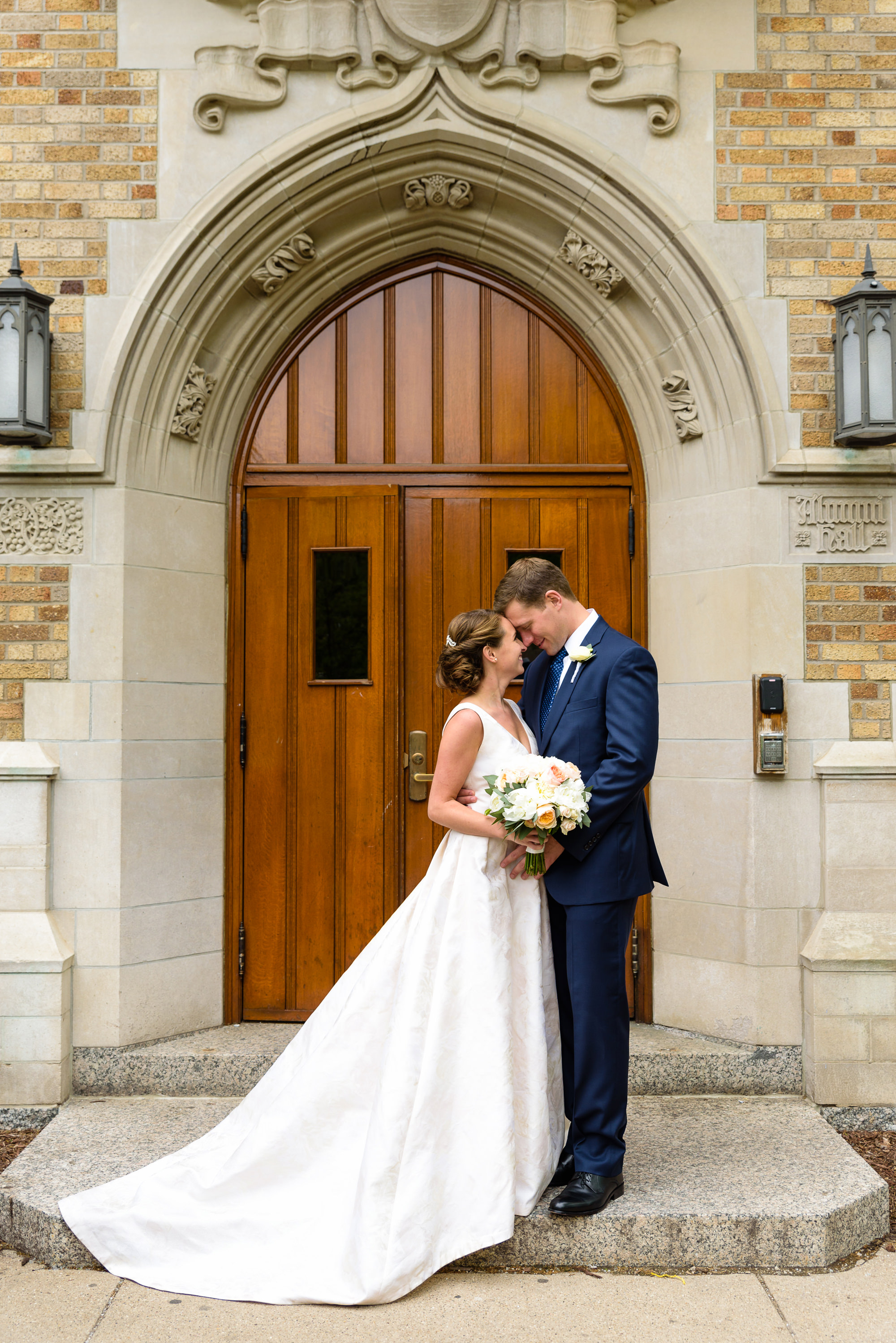 Bride & Groom outside Alumni Hall on the campus of the University of Notre Dame