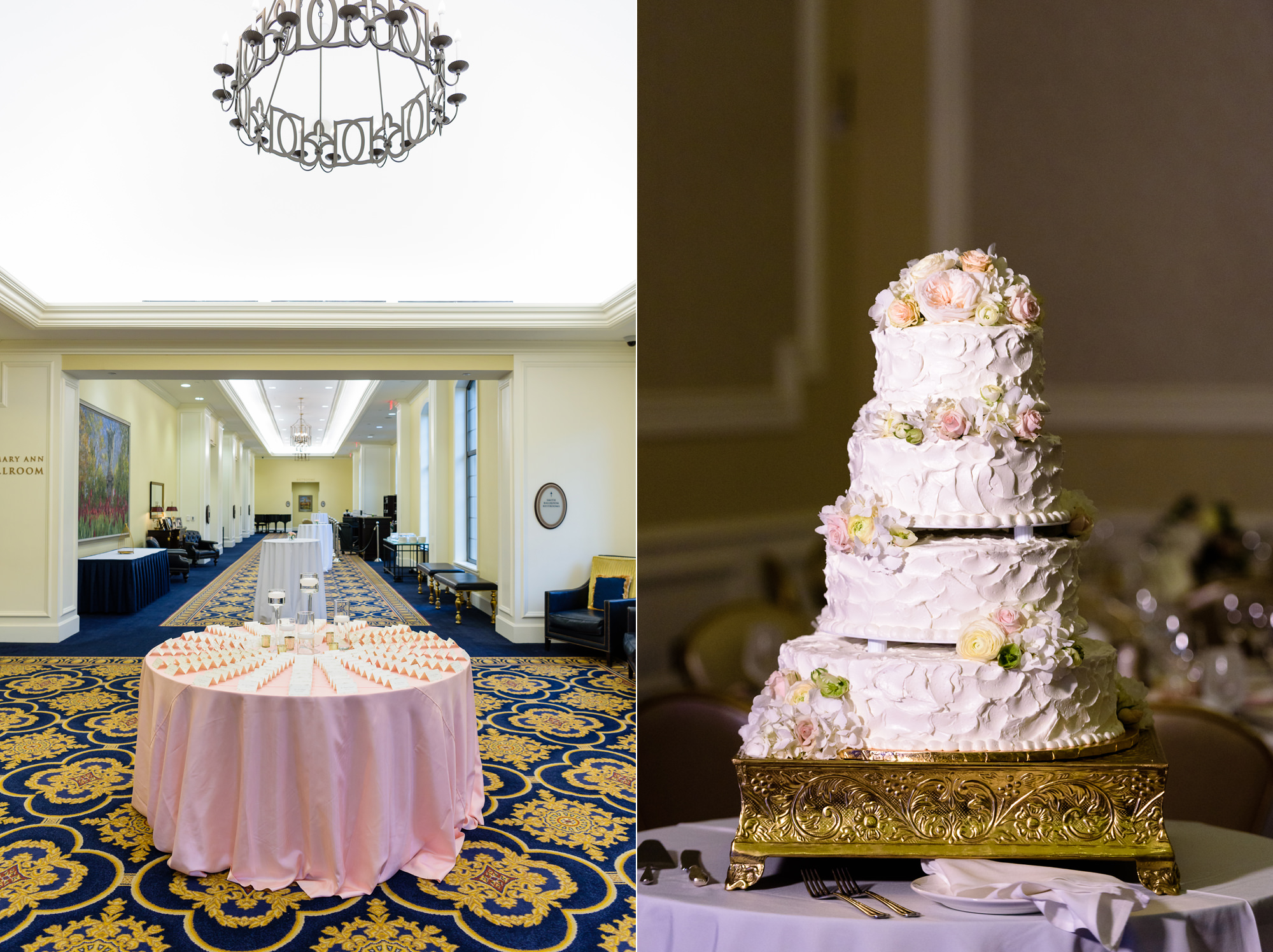 Escort card and cake from Macri's Bakery at a wedding reception at the Morris Inn on the campus of University of Notre Dame