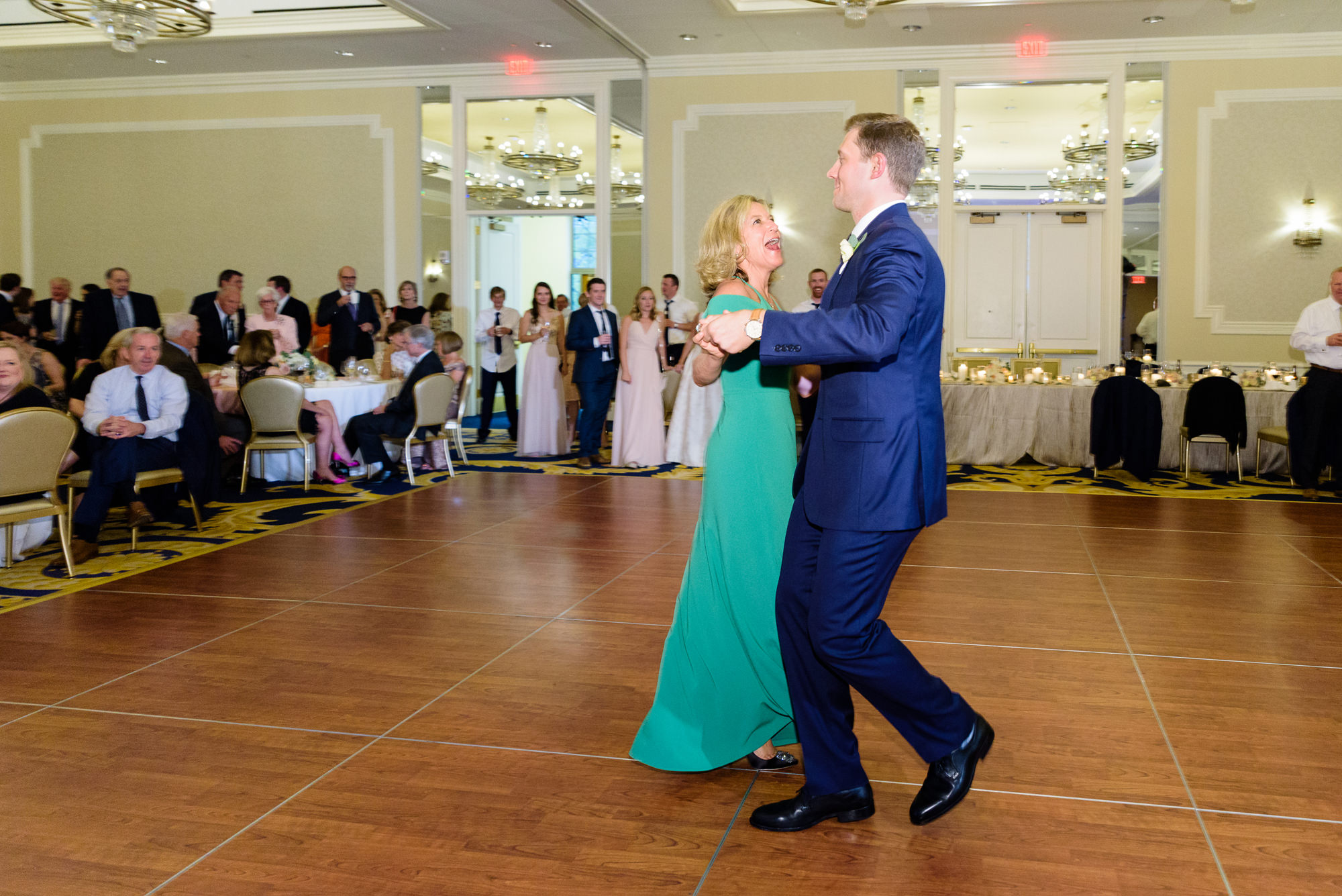 Mother Son dance at a wedding reception at the Morris Inn on the campus of the University of Notre Dame