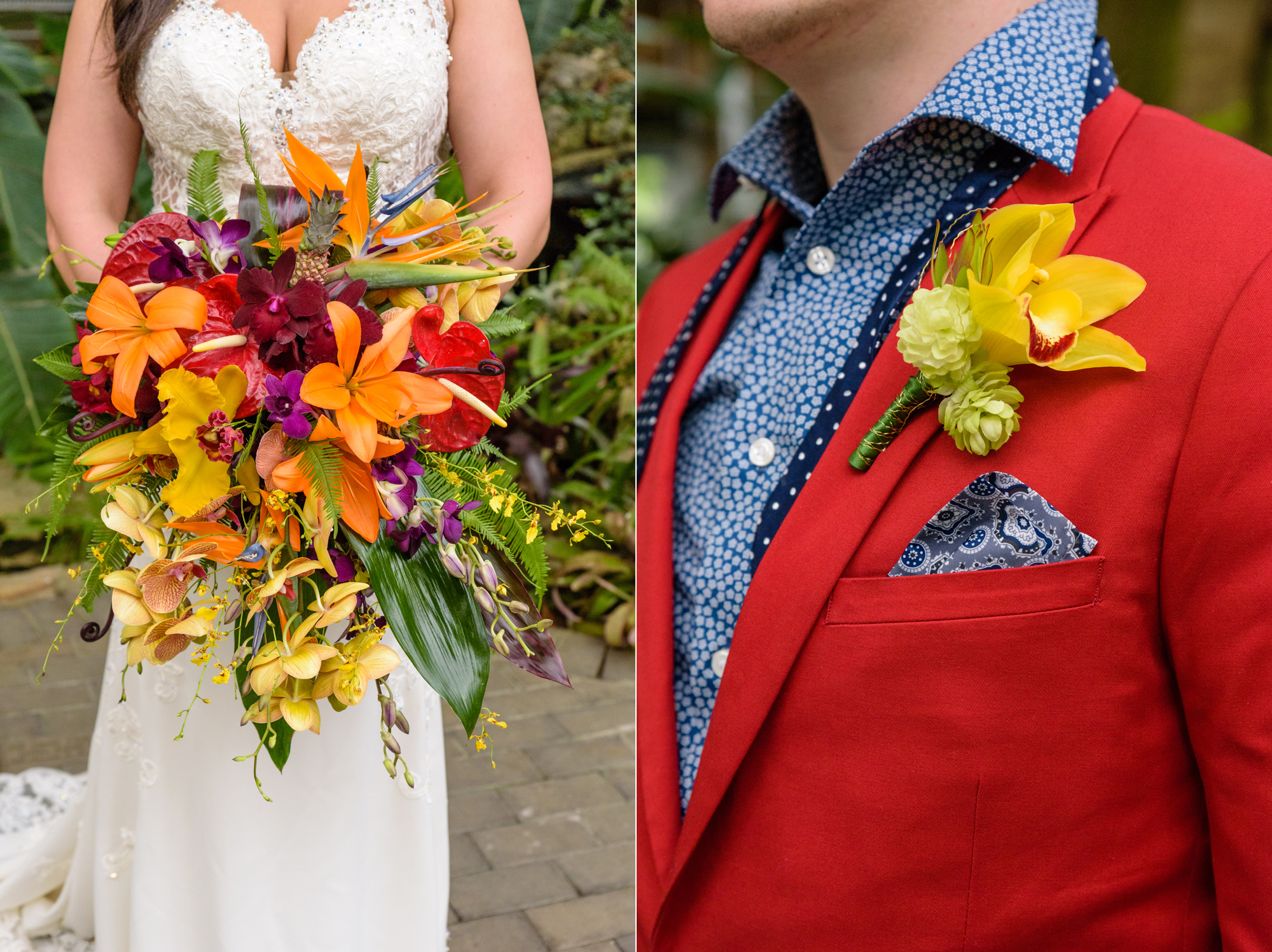 bridal bouquet and groom's boutonniere by MichaelAngelos Events at Potawatomi Conservatory