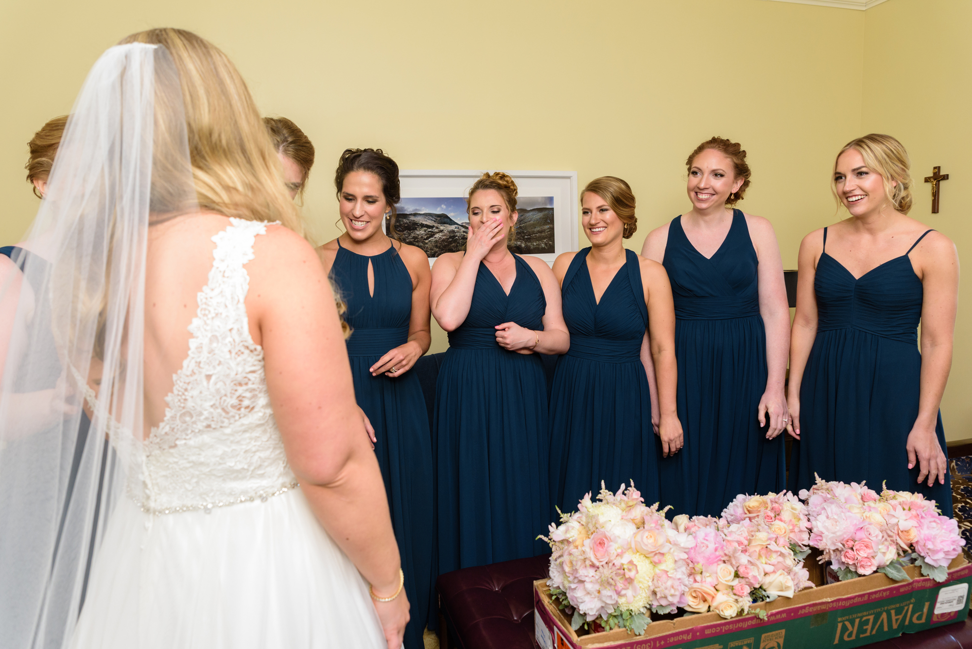 Bridesmaid reveal before her ceremony at the Basilica of the Sacred Heart on the campus of Notre Dame