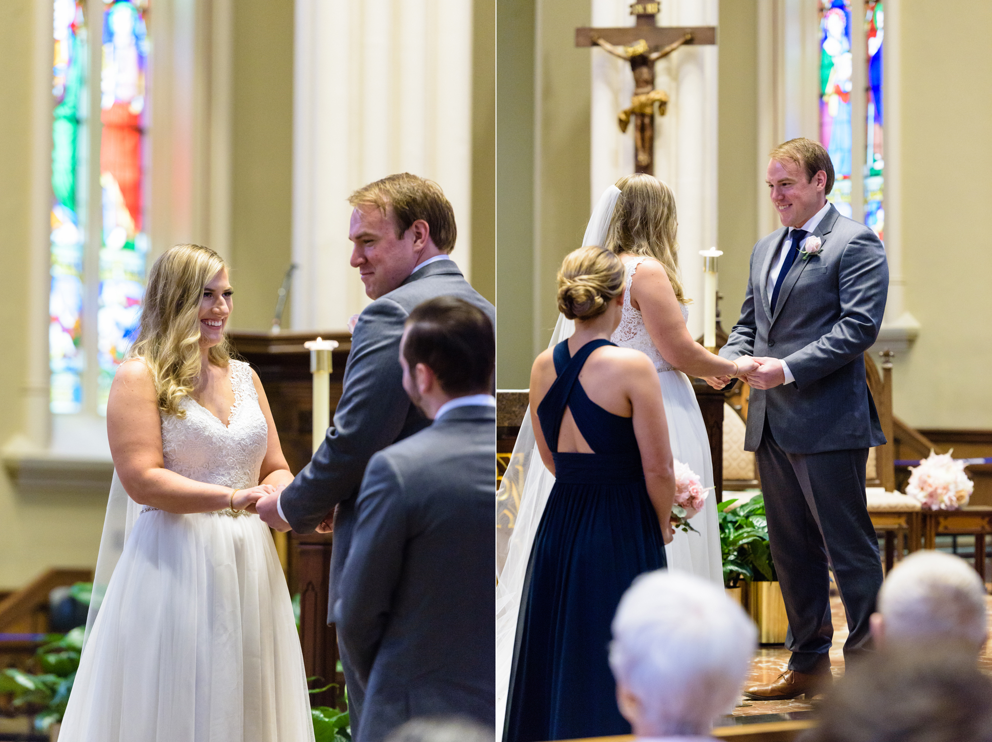 Bride & Groom exchanging vows at a ceremony at the Basilica of the Sacred Heart on the campus of Notre Dame