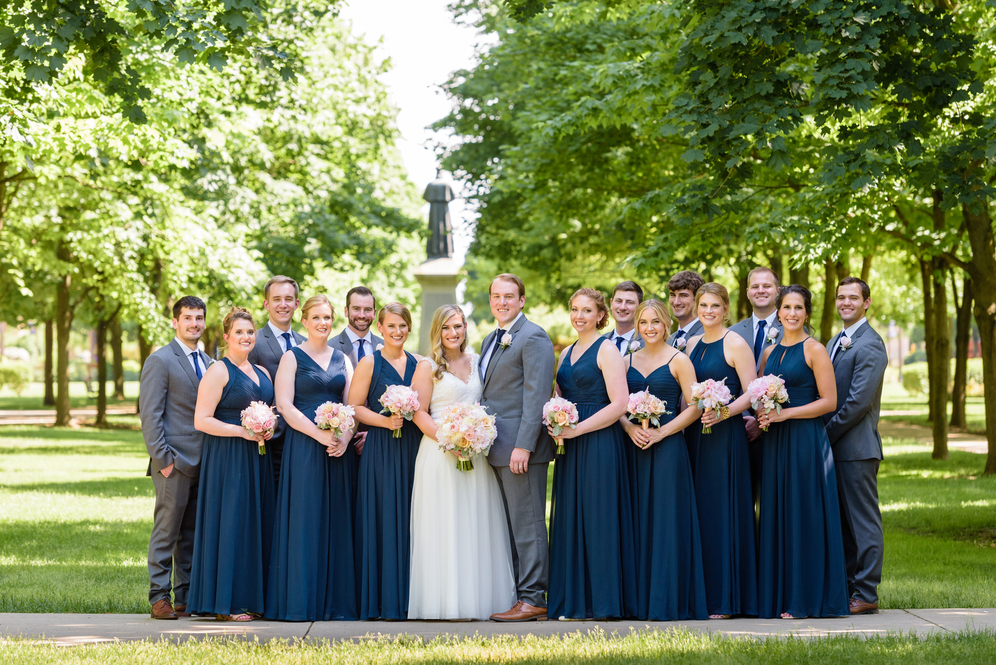 Bridal Party on God Quad after a wedding ceremony at the Basilica of the Sacred Heart on the campus of Notre Dame