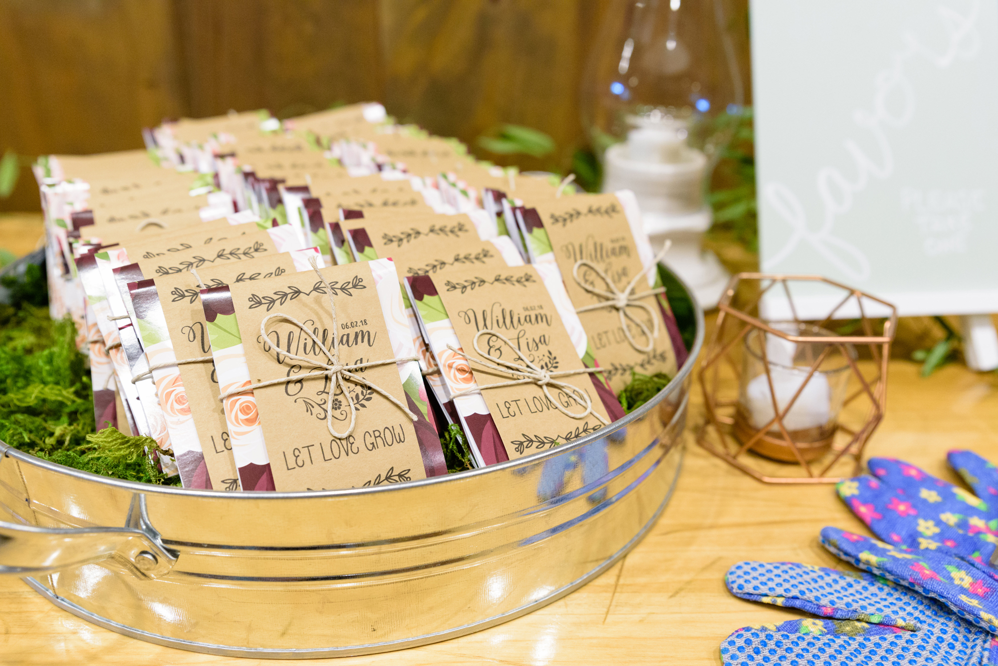 Wedding reception details at Amish Acres seed packet favors