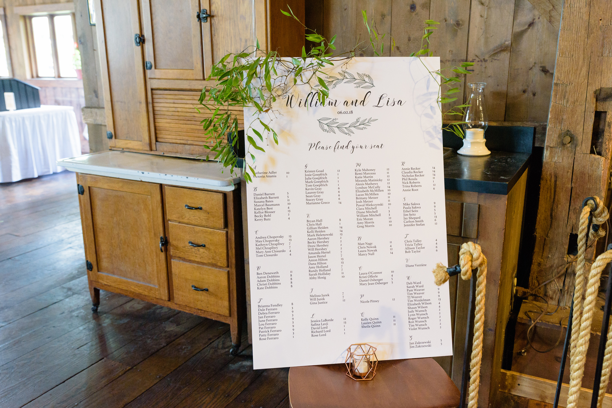 Wedding reception details at Amish Acres escort board
