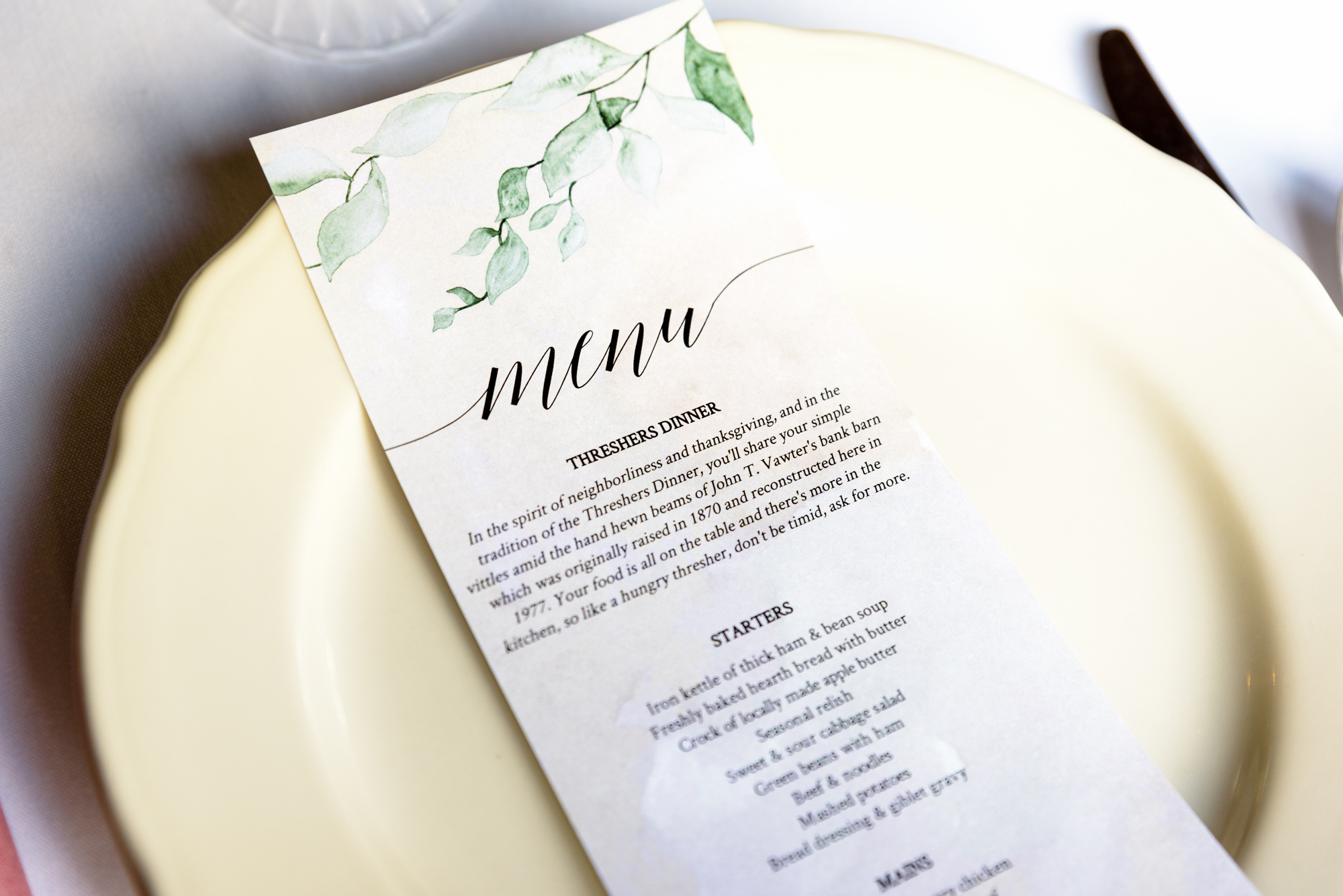 Wedding reception details at Amish Acres thresher dinner menu
